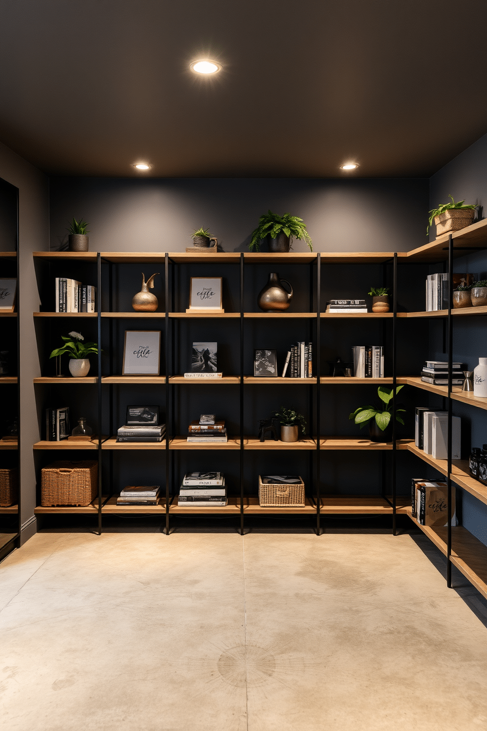 A modern basement featuring open shelving against a sleek gray backdrop. The shelves are filled with curated decor items, books, and plants, creating a stylish yet functional space. The flooring is a polished concrete with a subtle sheen, complementing the gray walls. Soft ambient lighting highlights the shelves, enhancing the inviting atmosphere of the basement.