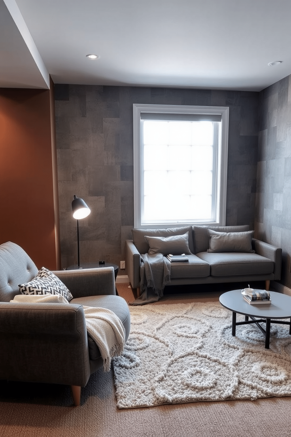 Cozy reading nook with gray armchair. A plush gray armchair is positioned next to a large window, bathed in soft natural light. A small side table holds a steaming cup of tea and a stack of well-loved books. The walls are adorned with warm, earthy tones, and a soft throw blanket drapes over the armchair. Gray Basement Design Ideas. The basement features an open layout with a sleek gray sectional sofa and a modern coffee table at the center. Accent lighting highlights the textured gray walls, while a plush area rug adds warmth to the space.