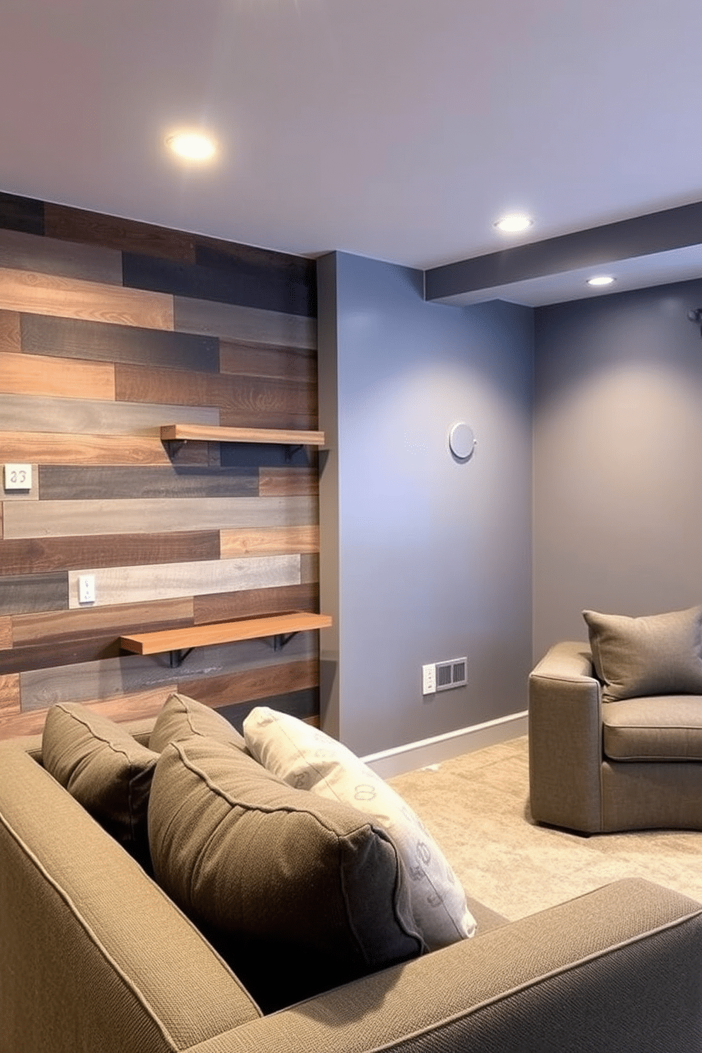 Accent wall with reclaimed wood panels. The wall features varying shades of brown and gray, creating a rustic yet modern focal point in the room. Gray basement design ideas. The space is illuminated with soft recessed lighting, highlighting the sleek gray walls and plush furnishings for a cozy, inviting atmosphere.