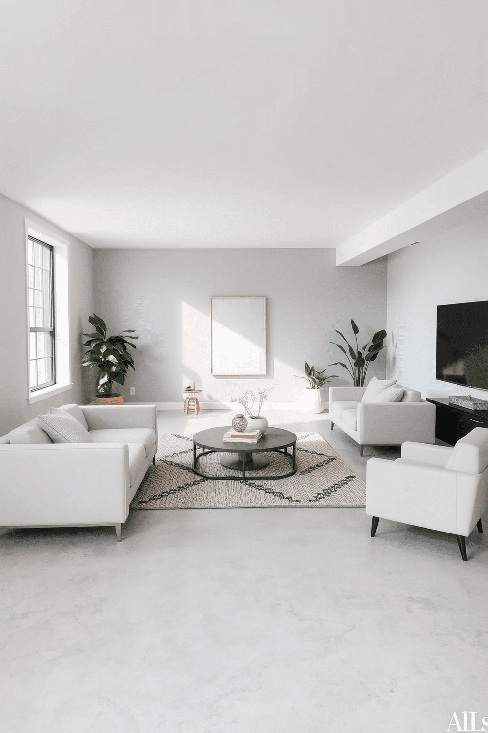 A minimalist basement design featuring a soft gray color palette. The space includes sleek, low-profile furniture with clean lines, complemented by a textured area rug that adds warmth to the cool tones. Large windows allow natural light to flood the room, highlighting the light gray walls and polished concrete floors. A few carefully selected decorative elements, such as abstract art and potted plants, bring a touch of personality without overwhelming the serene atmosphere.