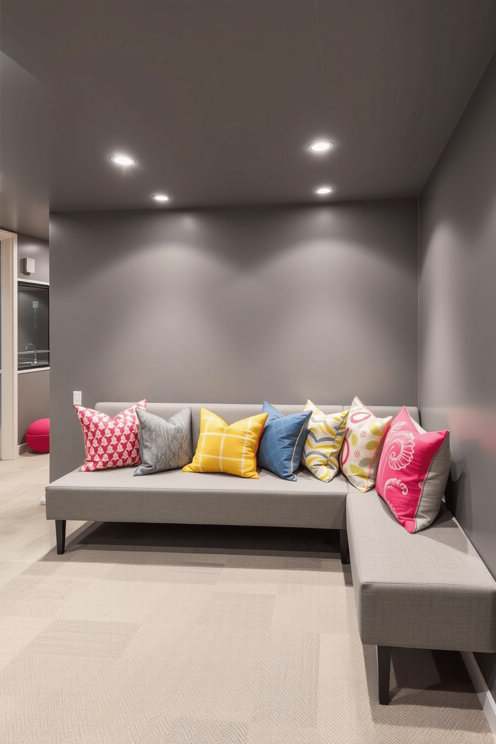 A stylish gray upholstered bench is positioned against the wall, adorned with an array of colorful pillows that add a vibrant touch. The surrounding basement features sleek gray walls and modern lighting, creating a cozy yet sophisticated atmosphere.