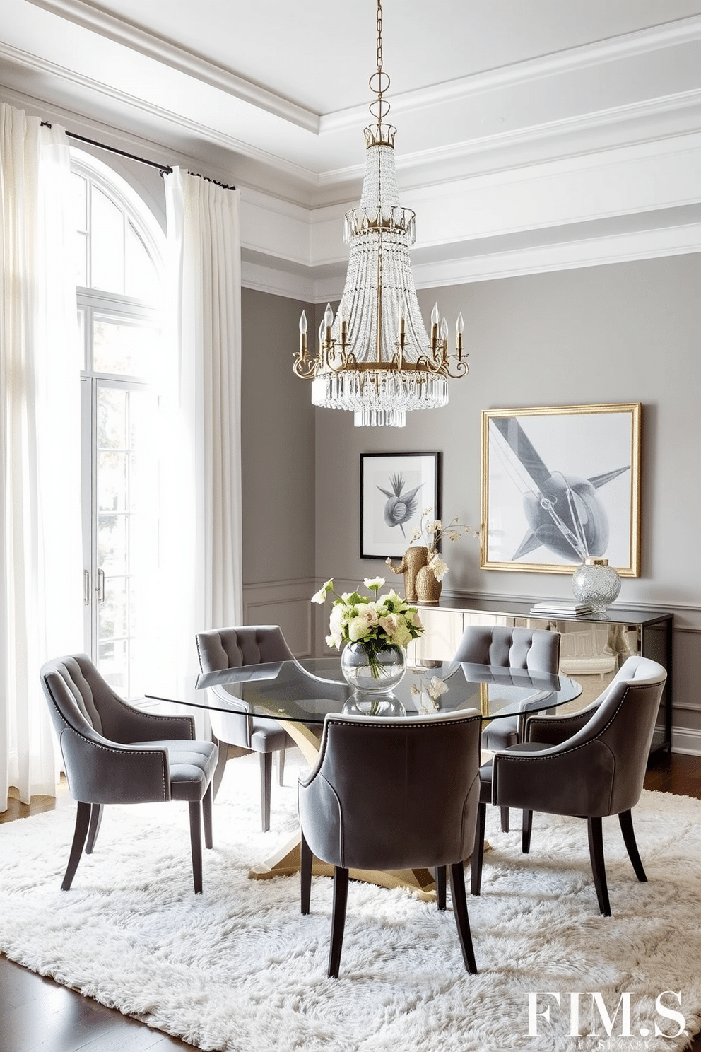 A stylish dining room featuring elegant gray velvet dining chairs around a sleek glass table. The walls are painted in a soft gray hue, complemented by a statement chandelier that adds a touch of glamour. Natural light floods the space through large windows adorned with sheer white curtains. A plush area rug anchors the seating area, enhancing the room's sophisticated ambiance.