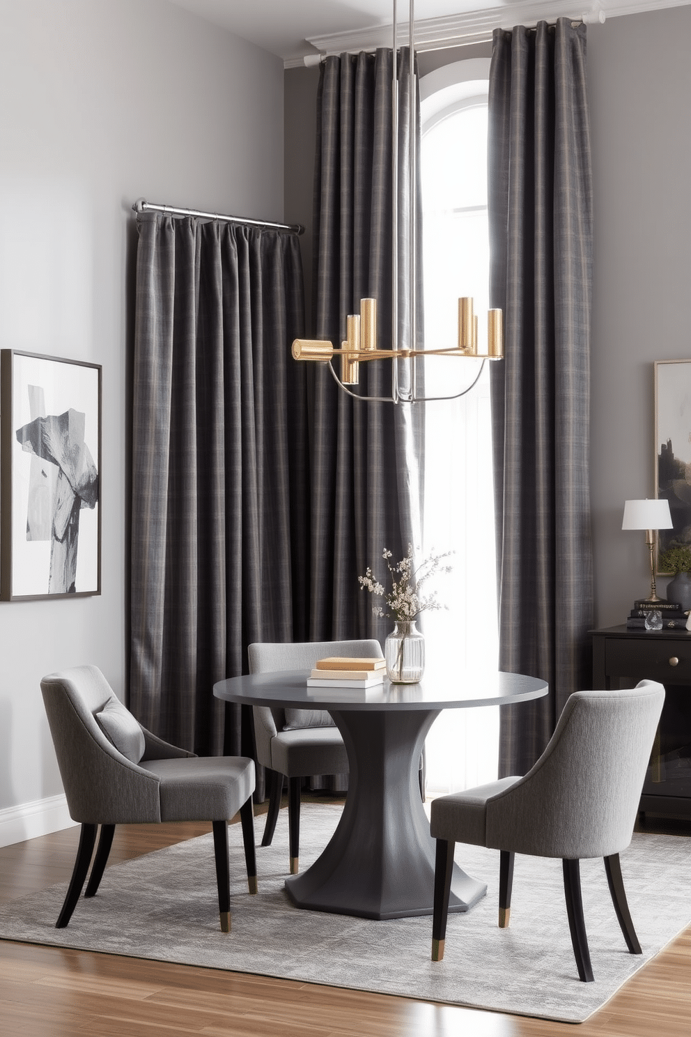 Textured gray curtains drape elegantly from a sleek rod, creating a soft ambiance that complements the overall design. The dining room features a contemporary gray table surrounded by plush upholstered chairs, enhancing the inviting atmosphere. The walls are painted in a light gray hue, accented by abstract artwork that adds a touch of sophistication. A statement chandelier hangs above the table, casting a warm glow over the space and highlighting the rich textures of the curtains.