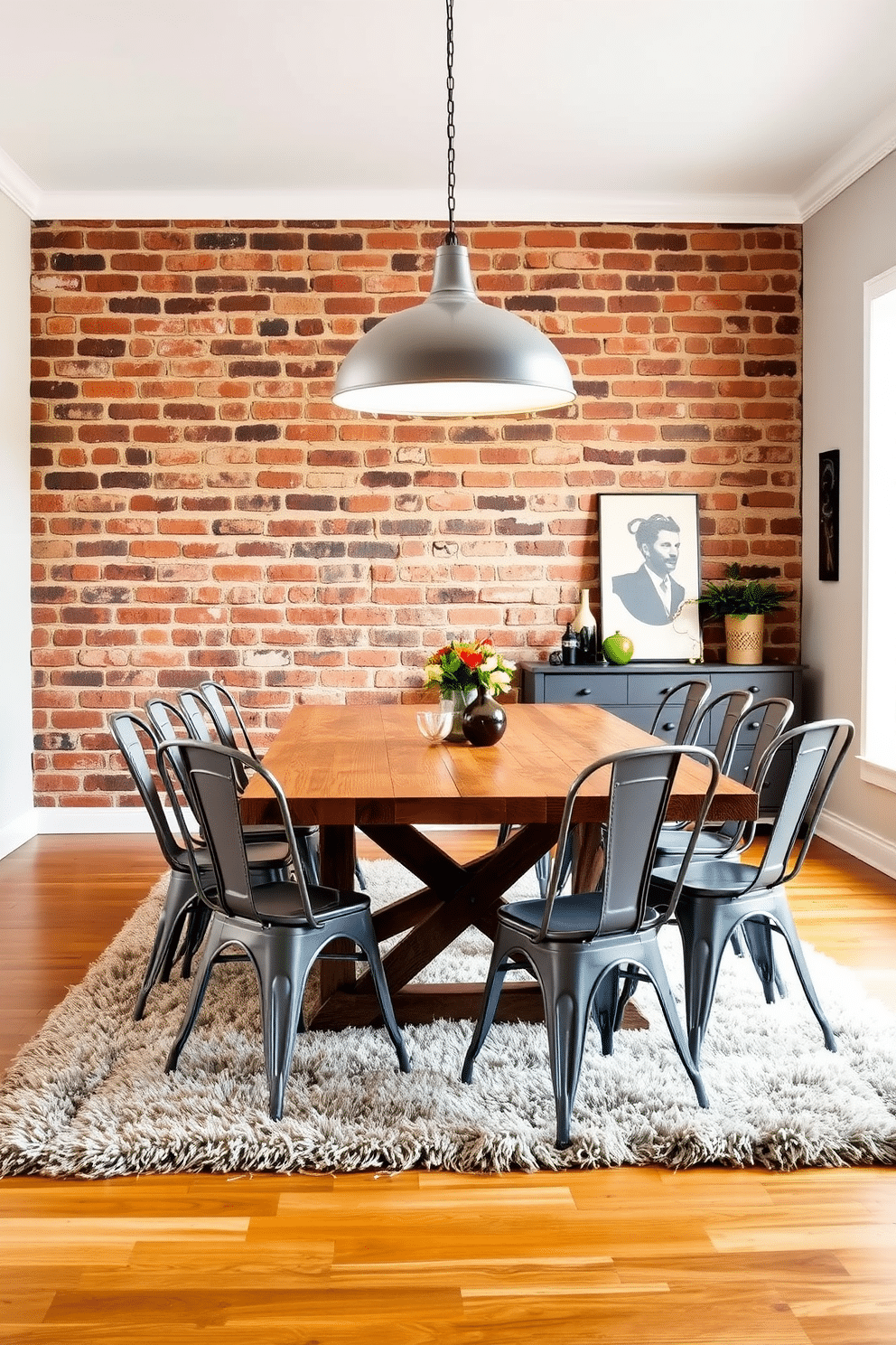 A contemporary dining room featuring industrial-style gray metal dining chairs around a reclaimed wood table. The walls are painted in a soft white, complemented by an exposed brick accent wall that adds warmth and texture to the space. A large pendant light hangs above the table, casting a warm glow over the dining area. The floor is adorned with a plush, neutral-toned area rug that adds comfort and contrast to the industrial elements.