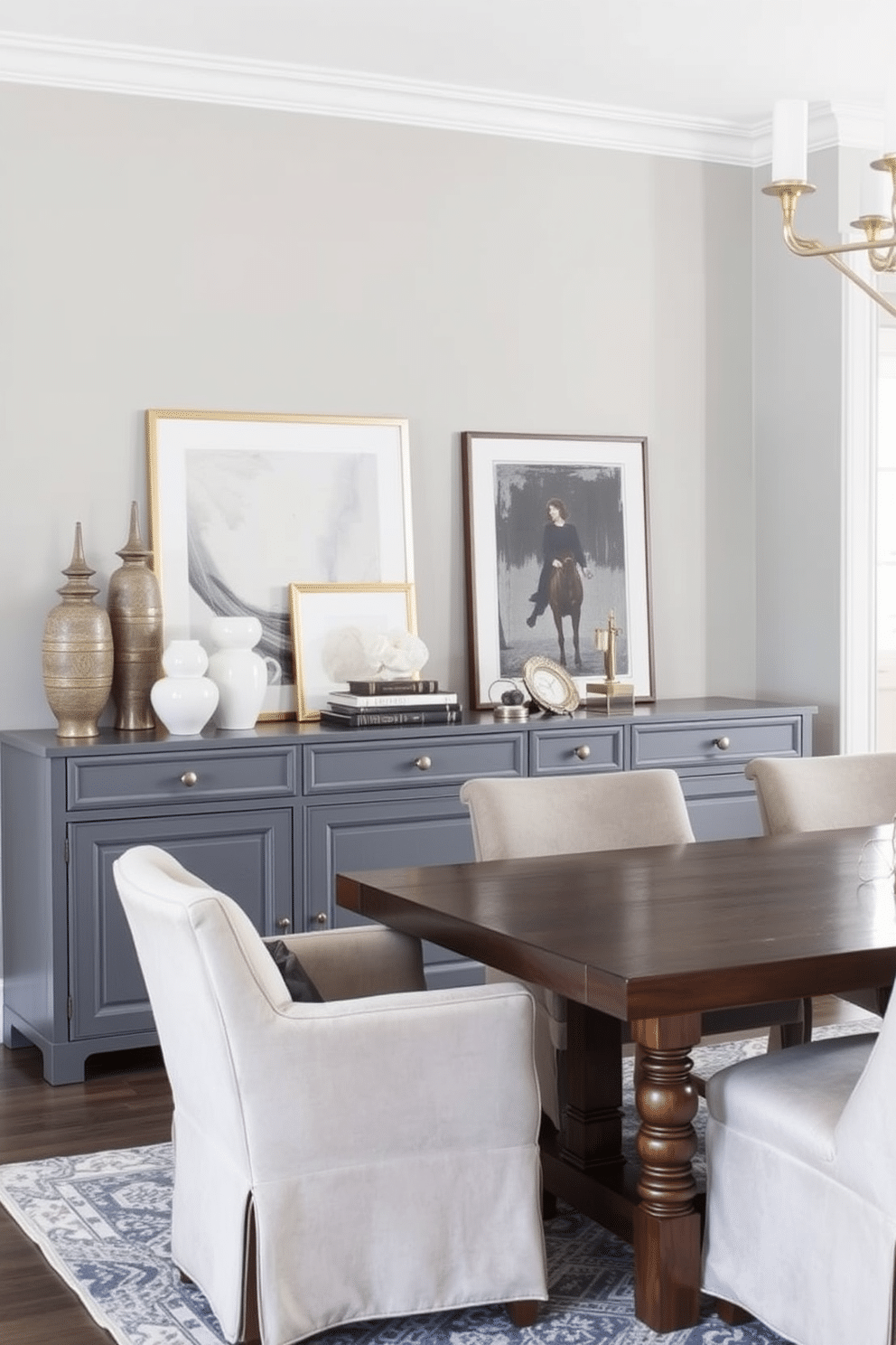 A stylish gray-painted buffet stands against the wall, adorned with decorative accessories that include a mix of vases, books, and a statement art piece. The buffet's sleek lines complement the elegant gray dining room, where a large wooden table is surrounded by plush upholstered chairs, creating a warm and inviting atmosphere.