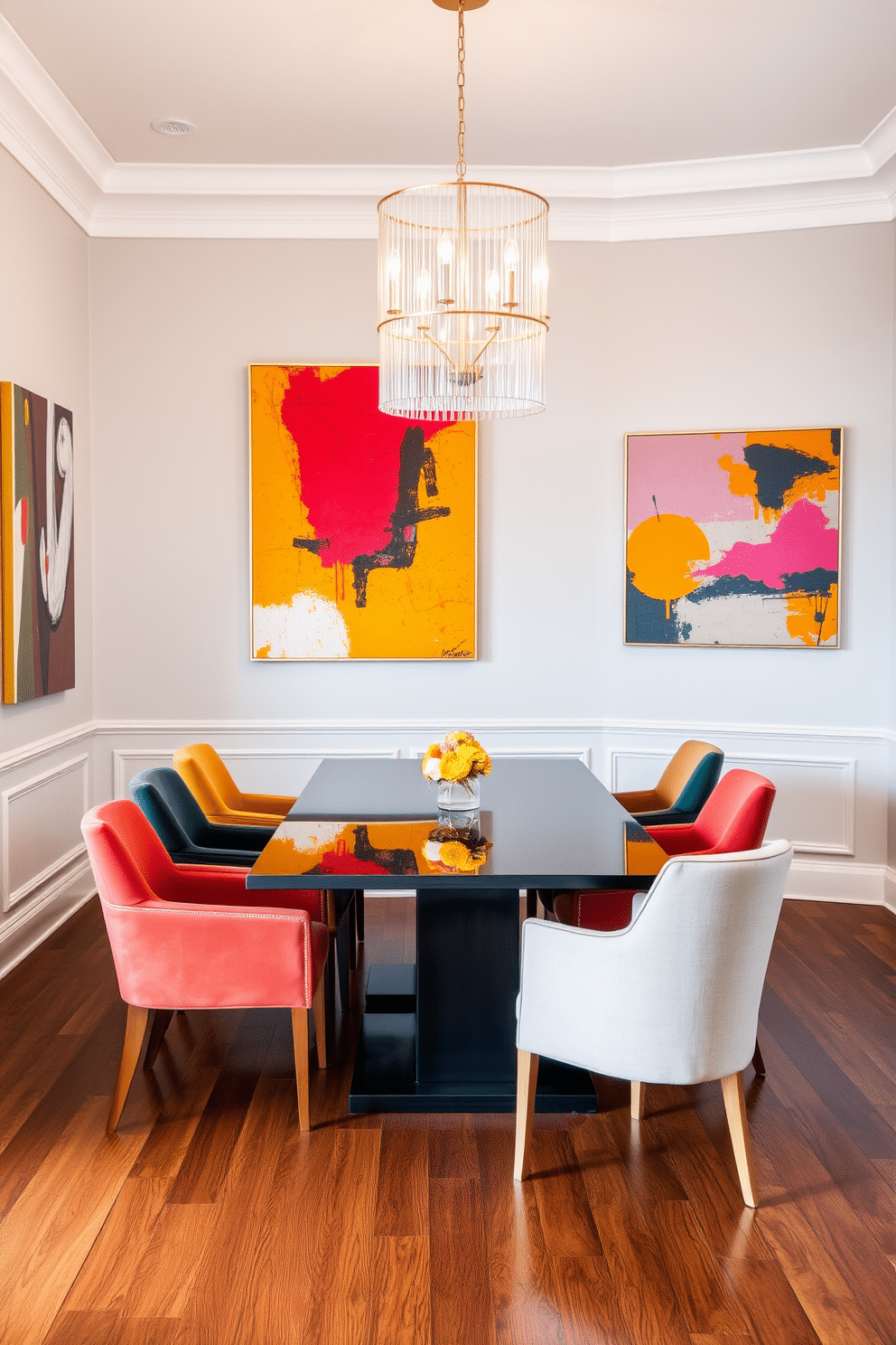 Light gray walls adorned with vibrant, abstract artwork create a modern and inviting atmosphere. A sleek, rectangular dining table sits at the center, surrounded by stylish upholstered chairs in a mix of bold colors. A statement chandelier hangs above the table, casting a warm glow over the space. The floor features a rich wood finish, complementing the overall aesthetic while adding warmth to the design.