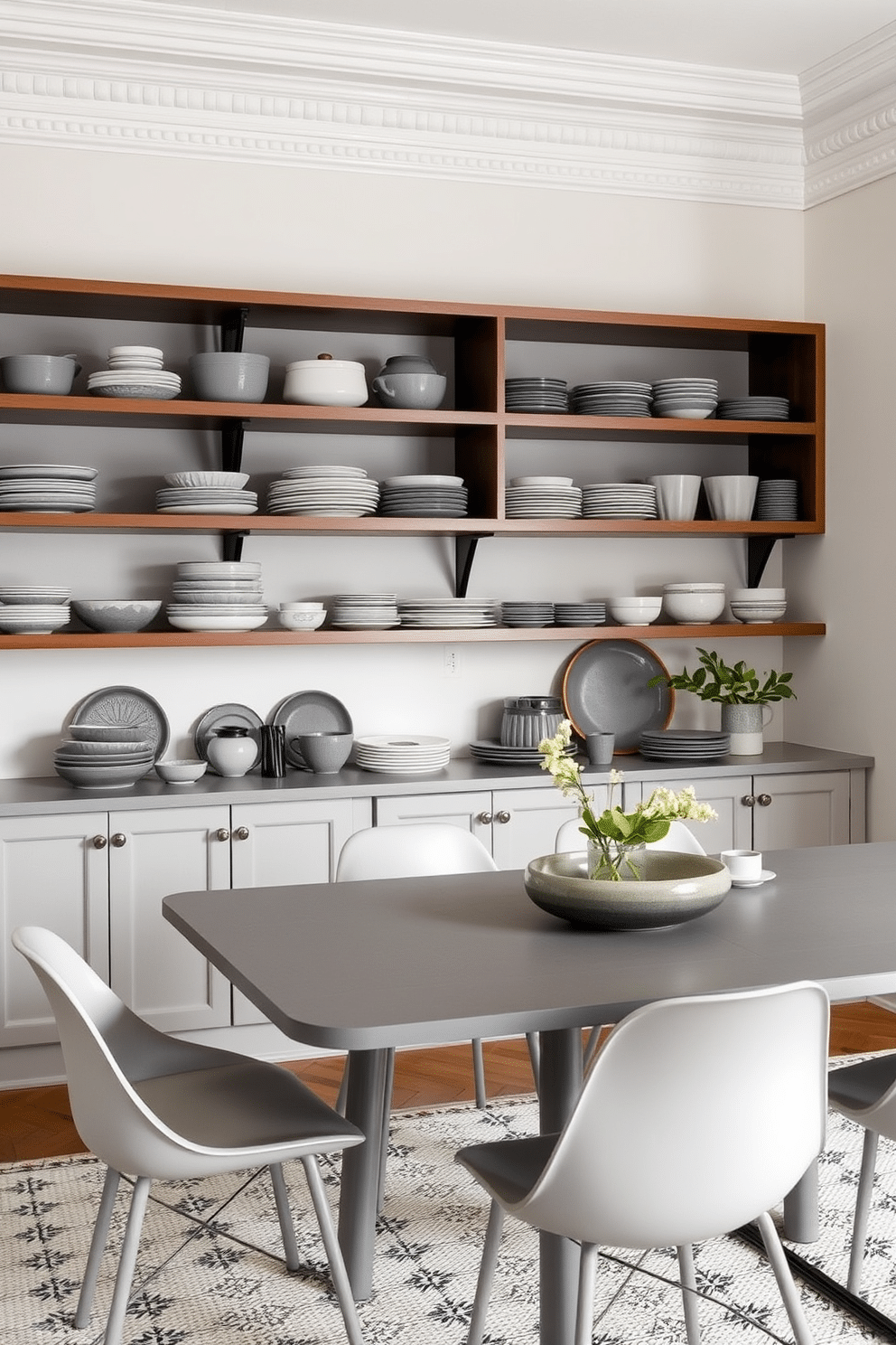 A chic dining room featuring open shelving that elegantly displays an array of gray dishware. The walls are painted in a soft, neutral tone, complemented by a stylish gray dining table surrounded by modern chairs.