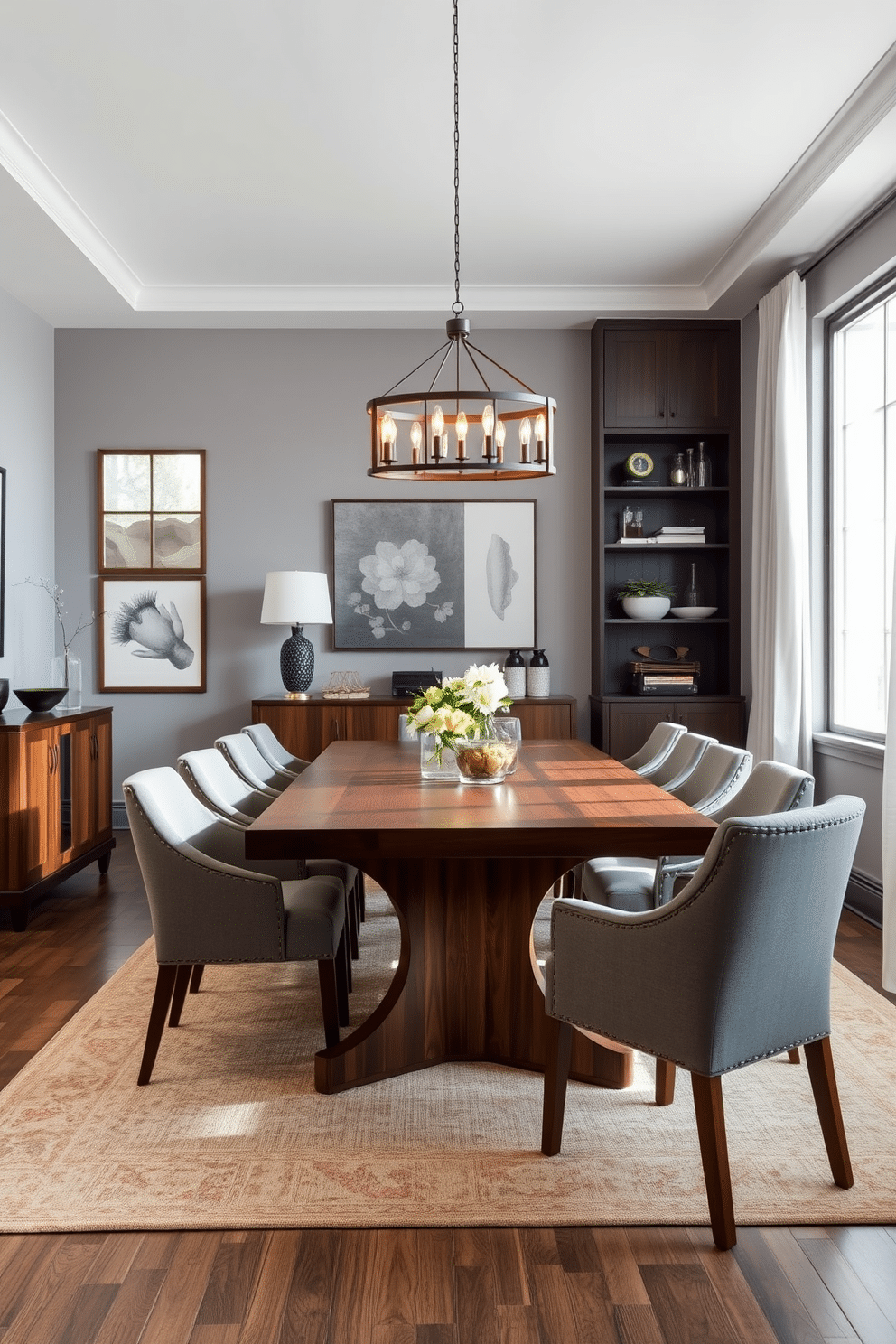 A cozy gray dining room featuring a large wooden table surrounded by upholstered chairs in a soft gray fabric. The walls are painted in a light gray hue, complemented by dark wood accents in the form of a stylish sideboard and decorative shelving. Natural light pours in through large windows dressed with sheer white curtains, enhancing the warm atmosphere. A statement chandelier made of wood and metal hangs above the table, casting a warm glow over the space.