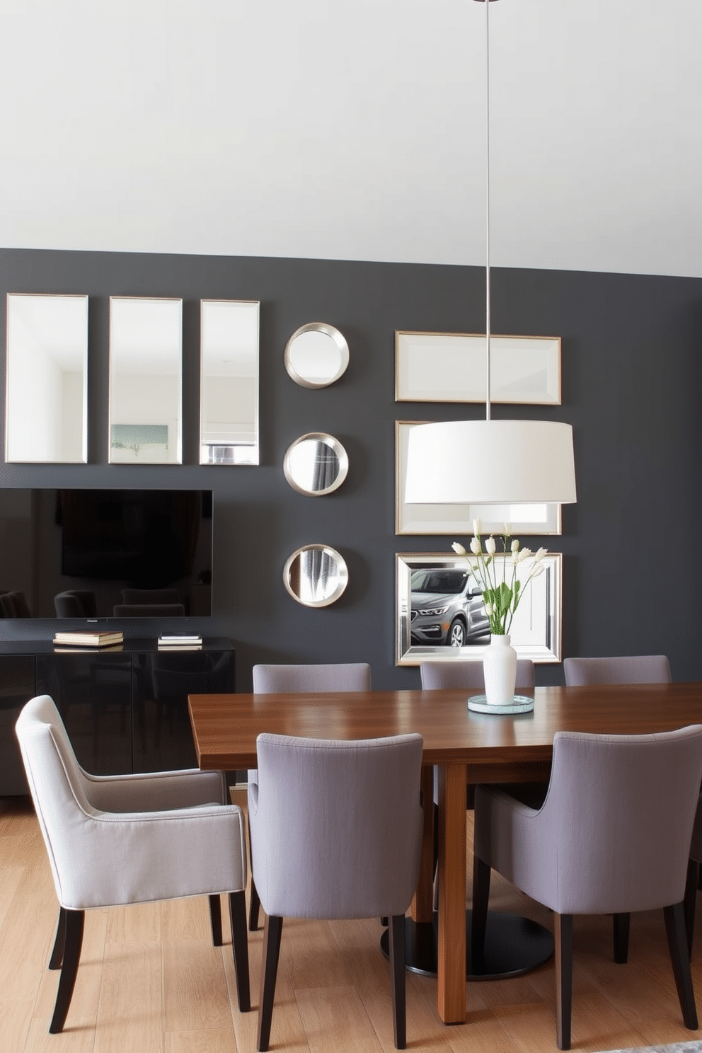 A bold gray accent wall features a series of sleek, modern mirrors that reflect the room's ambient lighting. The dining area is furnished with a contemporary wooden table surrounded by upholstered chairs in a complementary shade, creating an inviting yet sophisticated atmosphere.