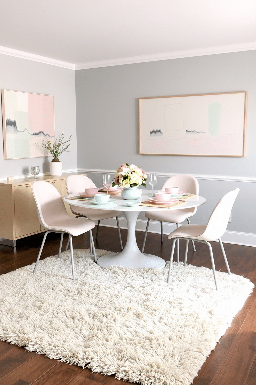 A bright dining room featuring pastel decor against a soft gray backdrop. The table is set with light pink and mint green tableware, complemented by a floral centerpiece and pastel-colored chairs. The walls are adorned with abstract art in subtle pastel hues, creating a harmonious balance with the gray tones. A plush area rug in light beige anchors the space, adding warmth and texture to the overall design.