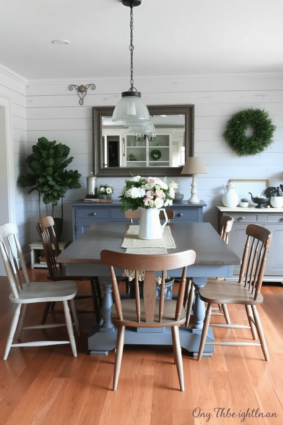 A gray farmhouse table with vintage touches takes center stage in the dining room, surrounded by mismatched, distressed wooden chairs that add character and warmth. The walls are adorned with rustic shiplap, and a large, framed vintage mirror reflects the soft glow of pendant lighting above the table, creating an inviting atmosphere. A centerpiece of fresh flowers in a vintage pitcher sits on the table, complemented by a woven table runner that adds texture. The flooring features wide plank hardwood, enhancing the farmhouse charm, while an antique sideboard against one wall showcases curated decor items and family heirlooms.