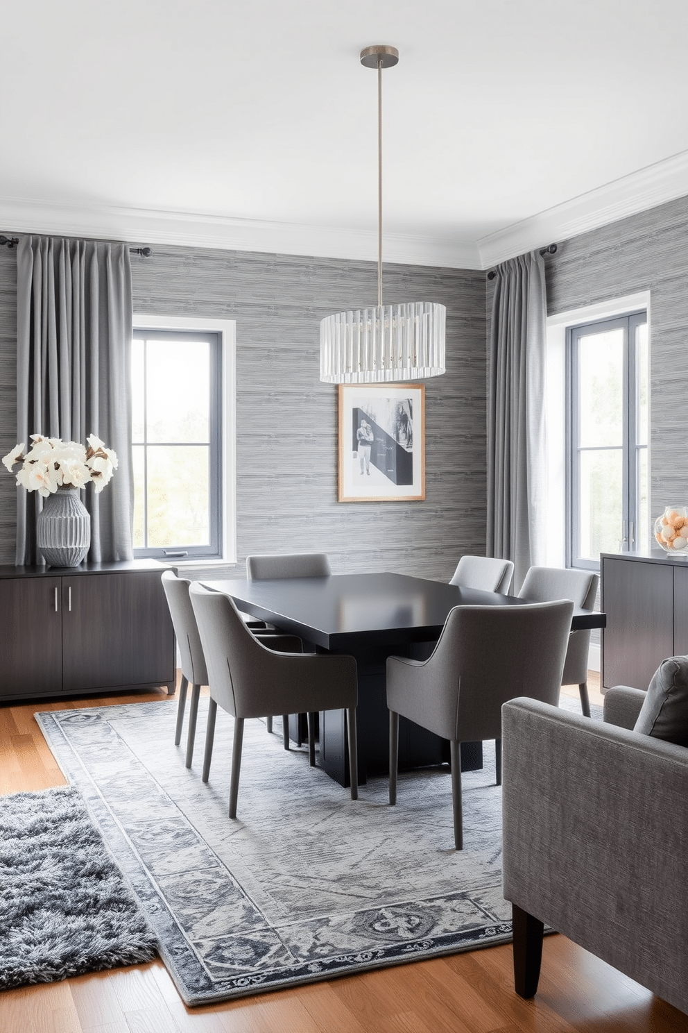 A monochromatic gray dining room features a sleek rectangular table surrounded by upholstered chairs in varying shades of gray. The walls are adorned with a textured gray wallpaper, and a statement chandelier in brushed nickel hangs above, casting a soft glow. In one corner, a plush gray area rug adds warmth underfoot, while a tall, textured vase filled with white flowers sits on a sideboard. The room is accented with gray curtains that gently frame the windows, allowing natural light to filter in beautifully.