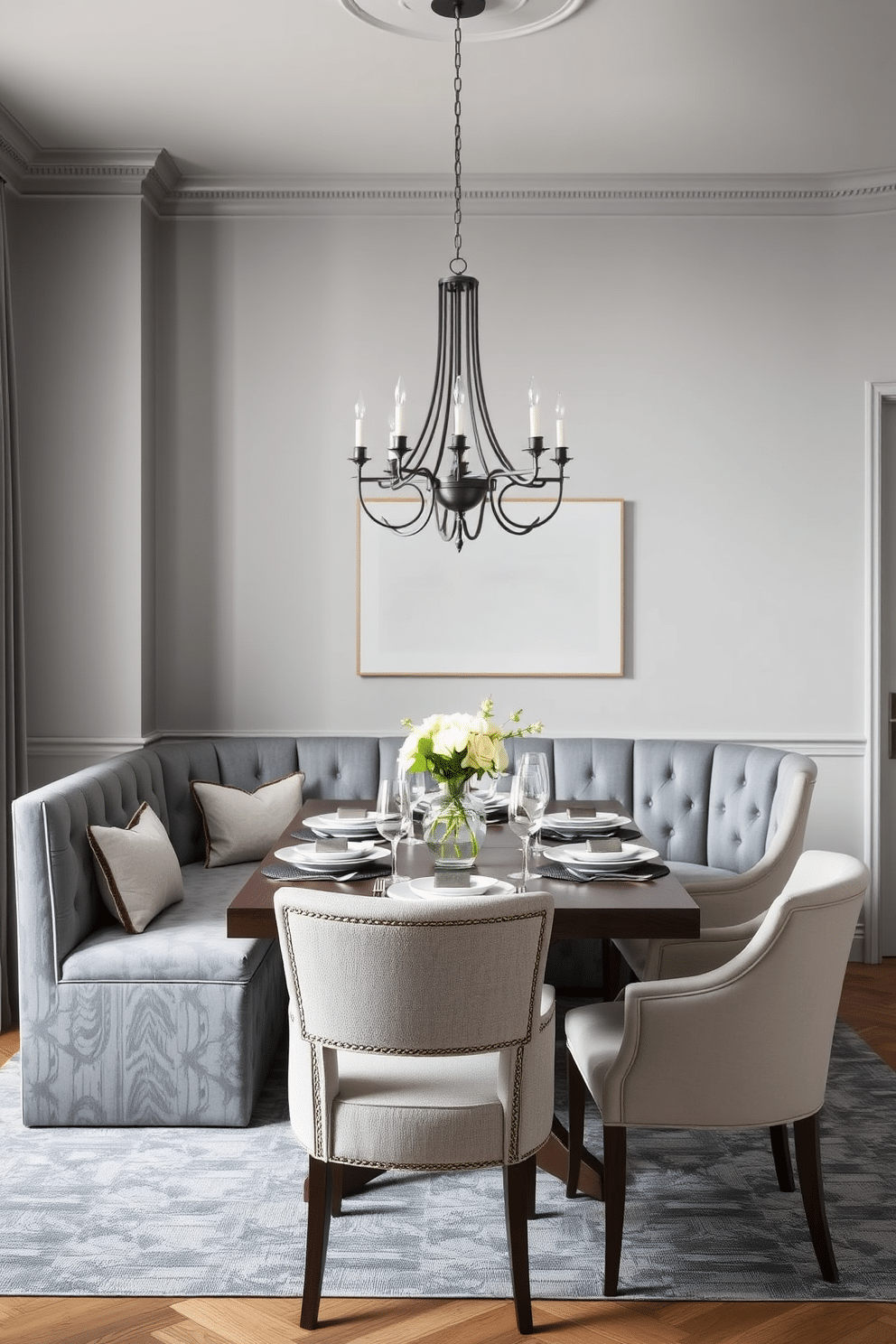 A stylish gray dining room features a gray upholstered bench positioned against a wall, providing extra seating for guests. The table is set with elegant dinnerware, and a striking chandelier hangs above, casting a warm glow over the space.