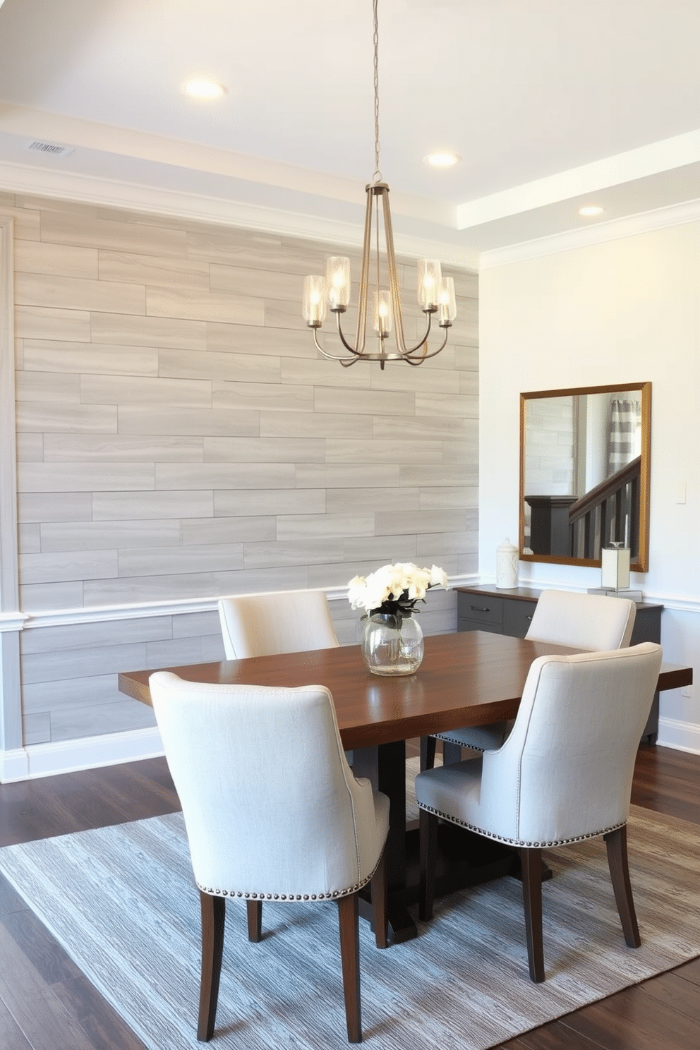 A stylish dining room featuring an accent wall adorned with gray shiplap, adding texture and warmth to the space. The room is elegantly furnished with a modern wooden dining table surrounded by upholstered chairs in soft neutrals, complemented by a chic chandelier overhead.