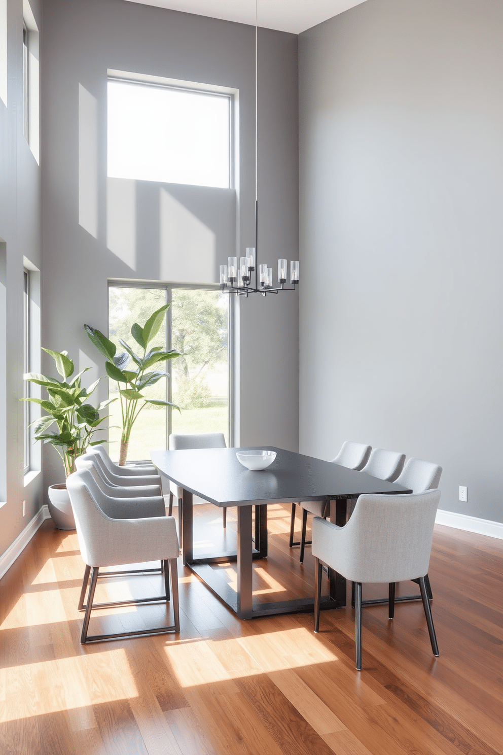 A modern gray dining room features a sleek rectangular table surrounded by upholstered chairs in a soft fabric. Large windows allow natural light to flood the space, highlighting the subtle textures of the gray walls and the polished wood floor. In one corner, a tall potted plant adds a touch of greenery, complementing the minimalist decor. A contemporary chandelier hangs above the table, providing an elegant focal point and enhancing the room's sophisticated atmosphere.