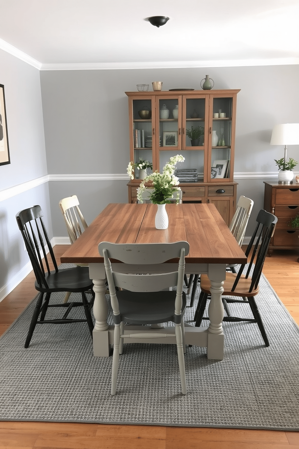 A rustic wood table with gray accents sits at the center of a cozy dining room, surrounded by mismatched chairs that add character. The walls are painted a soft gray, complemented by a textured gray area rug underfoot, creating a warm and inviting atmosphere.