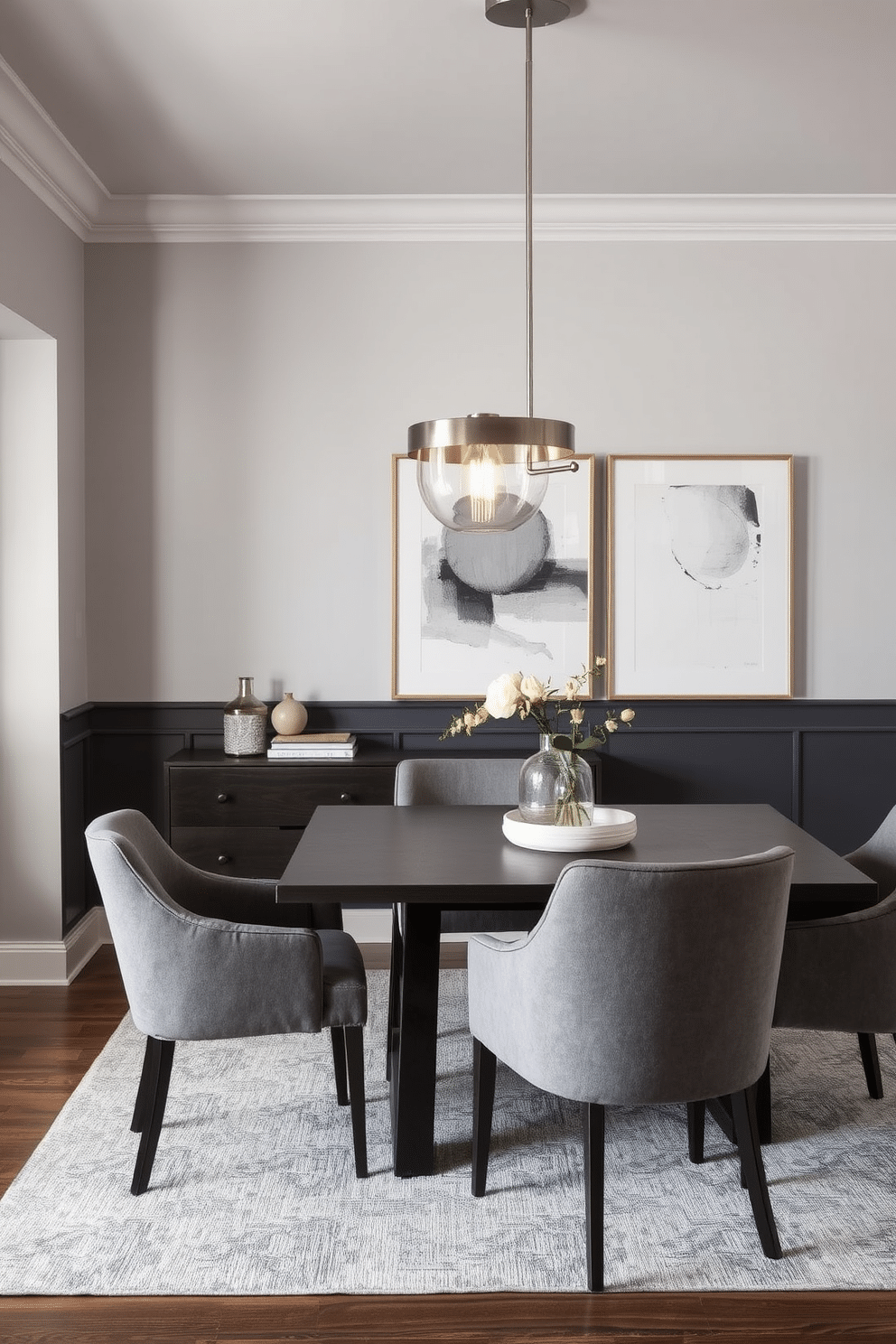 A chic dining room featuring a layered palette of gray tones that create depth and visual interest. The walls are painted a soft dove gray, complemented by a charcoal gray accent wall adorned with abstract art. A modern dining table in a sleek dark gray finish is surrounded by plush gray upholstered chairs, enhancing the room's sophisticated atmosphere. A striking pendant light in brushed nickel hangs above the table, casting a warm glow over the space.