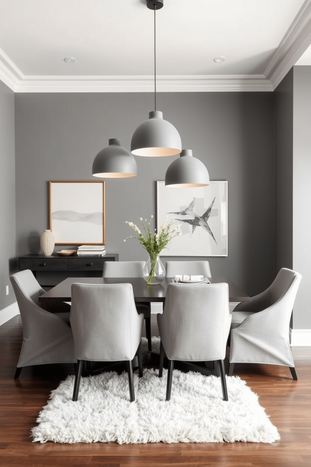 A contemporary gray dining room features a sleek, rectangular table surrounded by upholstered chairs in a complementary shade. Above the table, stylish gray pendant lighting fixtures hang, casting a warm glow over the space and enhancing the modern aesthetic. The walls are adorned with minimalist artwork, adding a touch of sophistication while maintaining a clean look. A plush area rug anchors the room, providing texture and comfort beneath the dining table.