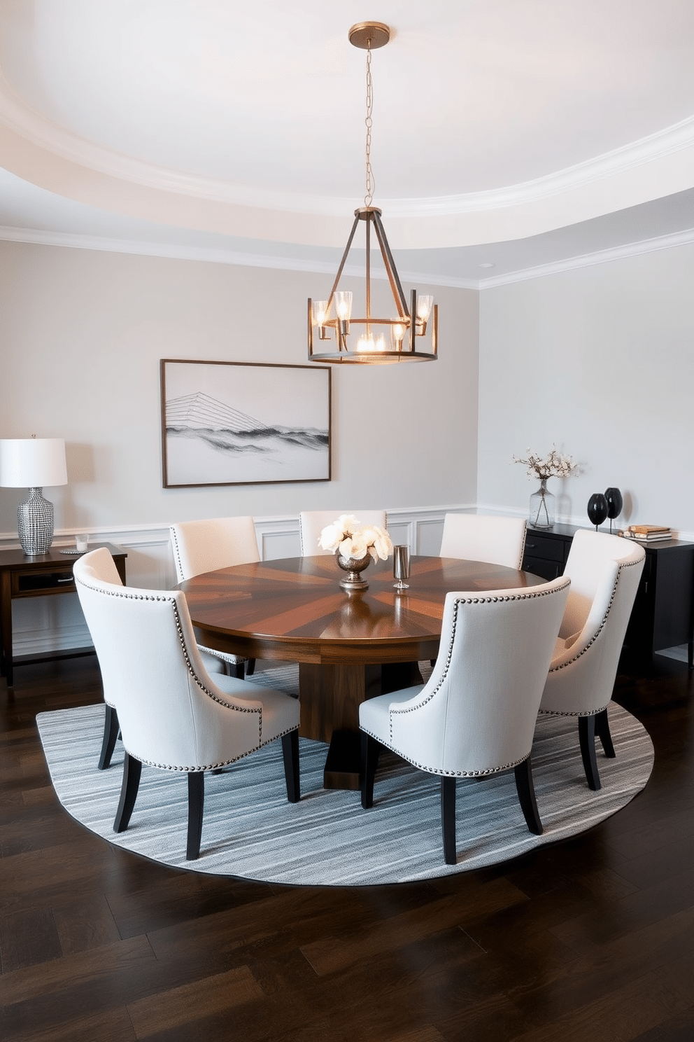 A stylish gray dining room features a large, round wooden table surrounded by upholstered chairs in soft white fabric. Above the table, a modern chandelier with geometric shapes adds a touch of elegance, while a gray and white striped area rug anchors the space, providing warmth and texture.