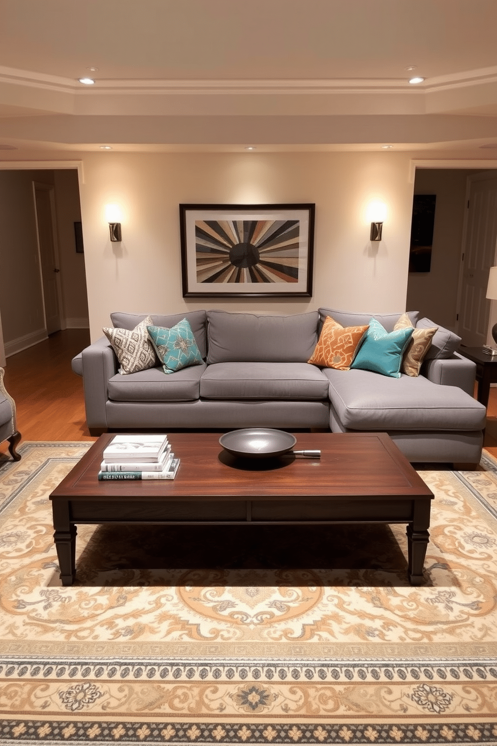 A cozy gray sectional sofa is placed in the center of the family room, surrounded by warm, ambient lighting. Vibrant, patterned pillows in shades of orange and teal are scattered across the sofa, adding a pop of color to the neutral palette. A large area rug with intricate designs anchors the seating area, while a wooden coffee table sits in front, adorned with a stack of books and a decorative bowl. The walls are painted in a soft cream, complementing the gray tones of the furniture and enhancing the inviting atmosphere.