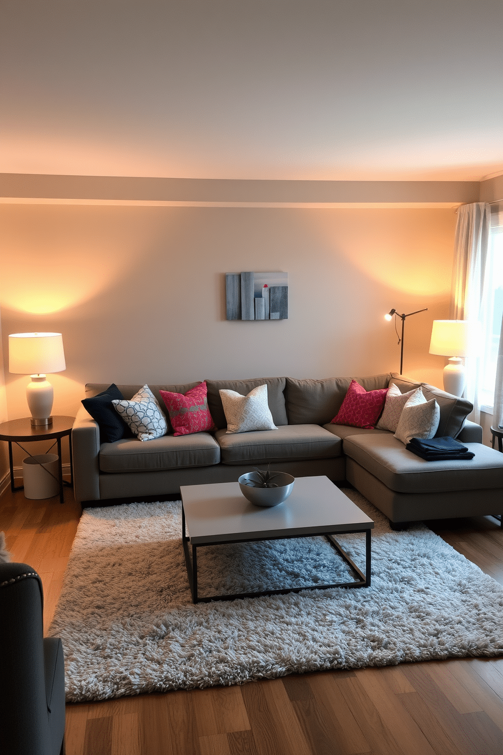 A cozy family room with warm lighting that highlights the various shades of gray throughout the space. The walls are painted a soft gray, complemented by a plush gray sectional sofa adorned with colorful throw pillows. A sleek coffee table sits in the center, surrounded by a soft area rug that adds texture. Floor lamps with warm bulbs cast a gentle glow, creating an inviting atmosphere perfect for family gatherings.