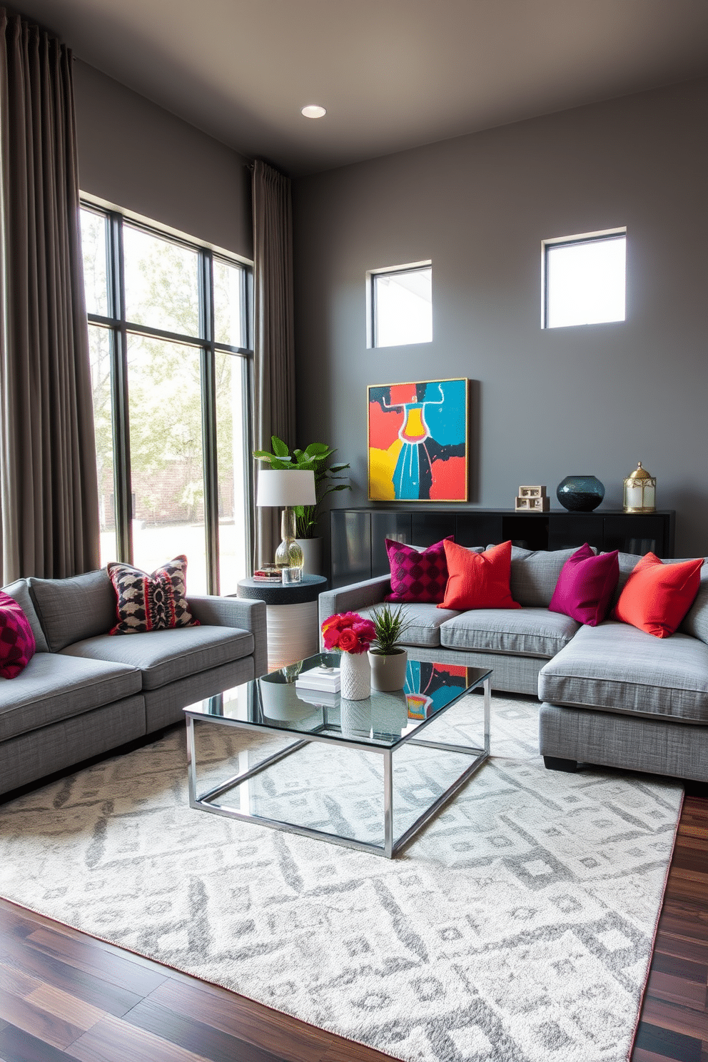 A contemporary family room featuring muted gray tones on the walls and plush furnishings. Bold decor elements, such as vibrant artwork and colorful throw pillows, create a striking contrast against the serene backdrop. The space includes a large sectional sofa adorned with textured gray upholstery, complemented by a sleek glass coffee table. A stylish area rug with geometric patterns anchors the seating arrangement, while floor-to-ceiling windows allow natural light to flood the room.