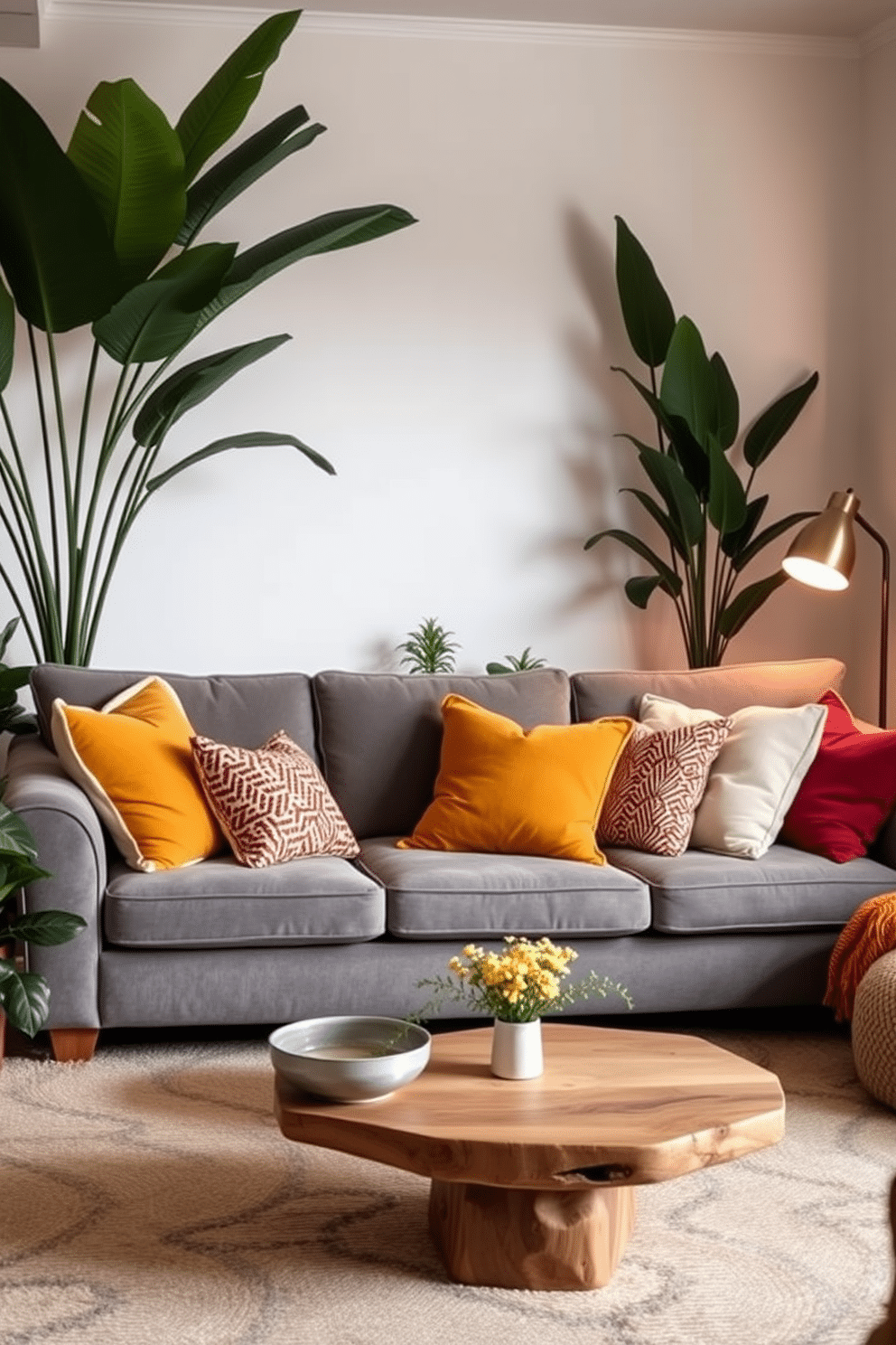 A cozy family room featuring a plush gray sofa adorned with colorful throw pillows, creating a warm and inviting atmosphere. The room is surrounded by natural elements, including large potted plants and a wooden coffee table that adds an organic touch. Soft, ambient lighting highlights the room's design, with a stylish floor lamp positioned next to the sofa. The walls are painted in a light, neutral tone, complementing the gray sofa and enhancing the overall sense of tranquility in the space.