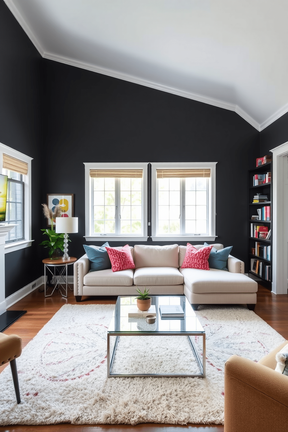 A cozy family room featuring dark gray walls that create a dramatic backdrop, accented by bright white trim that adds a crisp contrast. A plush sectional sofa in a light fabric is positioned in the center, complemented by colorful throw pillows that bring warmth and personality to the space. In one corner, a modern coffee table with a glass top and sleek metal legs sits atop a soft area rug, inviting relaxation and conversation. Large windows allow natural light to flood the room, highlighting the contemporary artwork displayed on the walls and the stylish bookshelf filled with books and decorative items.