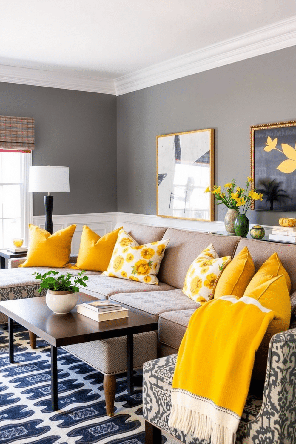 A stylish gray family room featuring a mix of patterned textiles, including a geometric area rug and floral throw pillows in shades of yellow. The walls are painted a soft gray, complemented by yellow accents in the artwork and decorative accessories, creating a vibrant yet cohesive space.