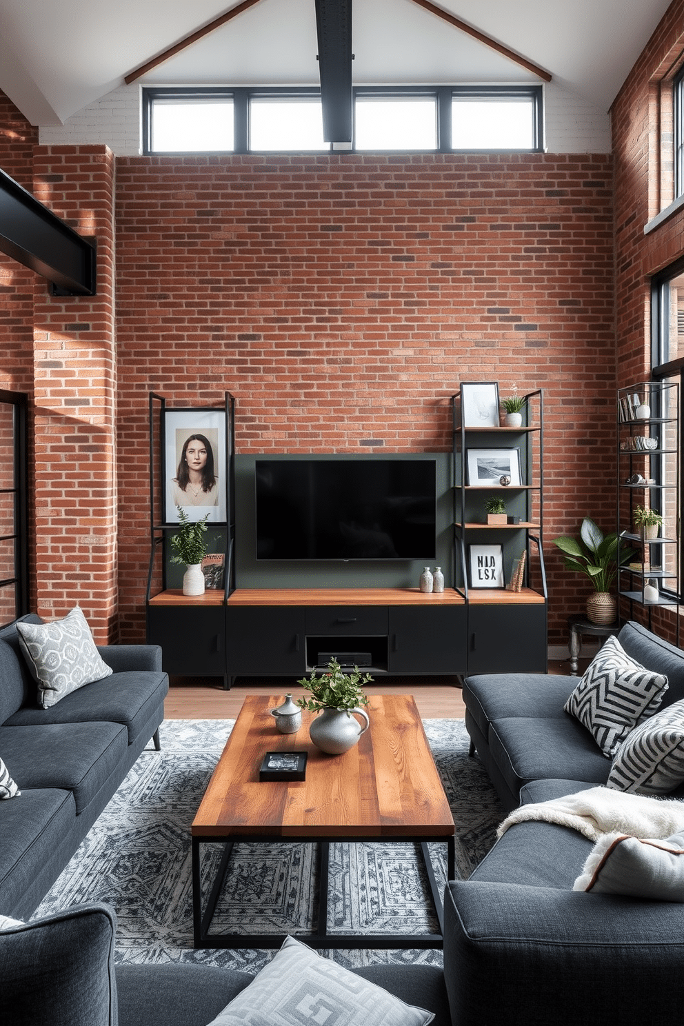 A stylish gray family room with industrial elements. The space features a large sectional sofa in a deep charcoal fabric, complemented by a reclaimed wood coffee table and gray metal accents throughout. Exposed brick walls provide a warm contrast to the cool tones, while large windows allow natural light to flood the room. A sleek entertainment unit made of black metal and wood houses the television, and decorative shelves display curated art pieces and plants.