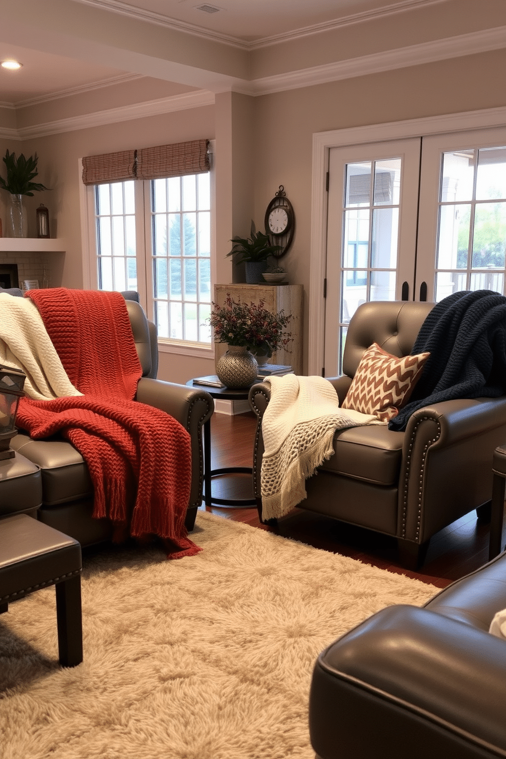 A cozy family room featuring gray leather chairs adorned with soft, textured throws in complementary colors. The space is accented with a plush area rug and warm lighting, creating an inviting atmosphere for relaxation and gatherings.