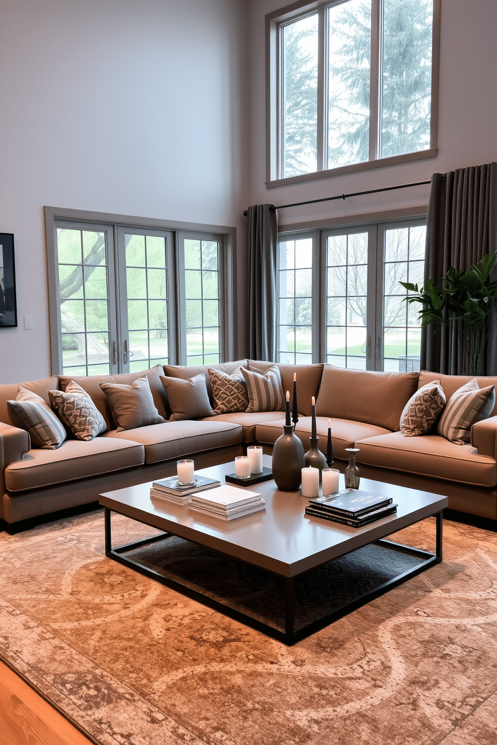 A cozy family room featuring a plush gray sectional sofa adorned with layered gray cushions for added comfort. The room is illuminated by soft, ambient lighting and accented with a large area rug that complements the neutral color palette. A sleek coffee table sits in the center, surrounded by decorative accessories like books and candles. Large windows allow natural light to flood the space, enhancing the inviting atmosphere.