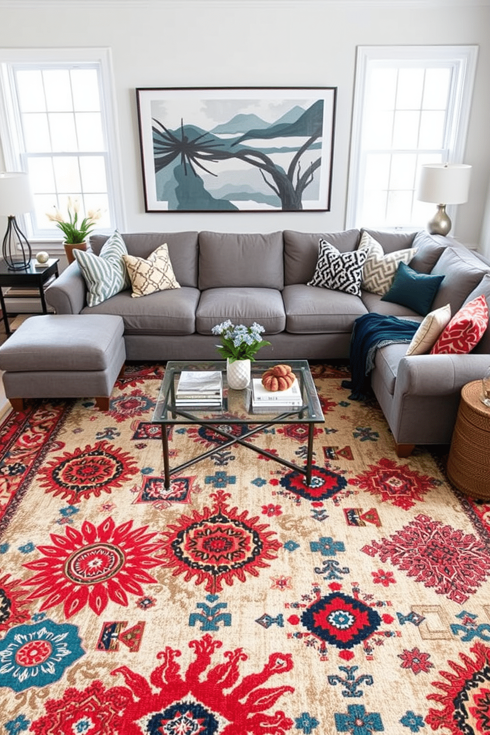 A stylish family room featuring a gray sectional sofa that invites relaxation and conversation. Below, a bold area rug with vibrant patterns anchors the space, adding a pop of color and texture to the overall design.