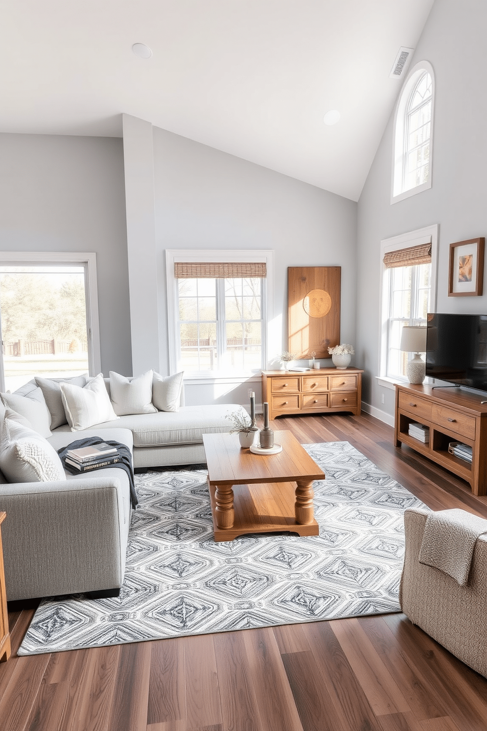 A cozy family room featuring a soft gray sectional sofa adorned with plush throw pillows in varying shades of gray. A warm wooden coffee table sits at the center, surrounded by a textured area rug that adds depth to the space. The walls are painted in a light gray hue, enhancing the natural light that floods the room through large windows. A wooden media console holds a sleek television, while framed artwork in warm tones brings a touch of personality to the decor.