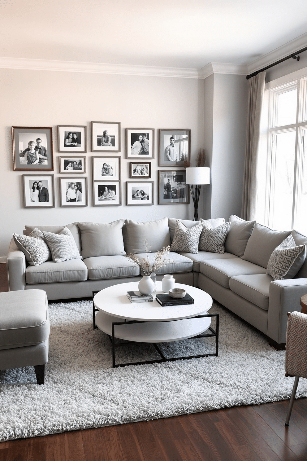 A cozy family room featuring a soft gray sectional sofa adorned with textured throw pillows. On the walls, a gallery of family photos framed in elegant gray tones adds a personal touch, creating a warm and inviting atmosphere. The floor is covered with a plush area rug that complements the gray palette, while a stylish coffee table sits at the center, surrounded by comfortable seating. Large windows allow natural light to flood the space, enhancing the serene ambiance of the room.