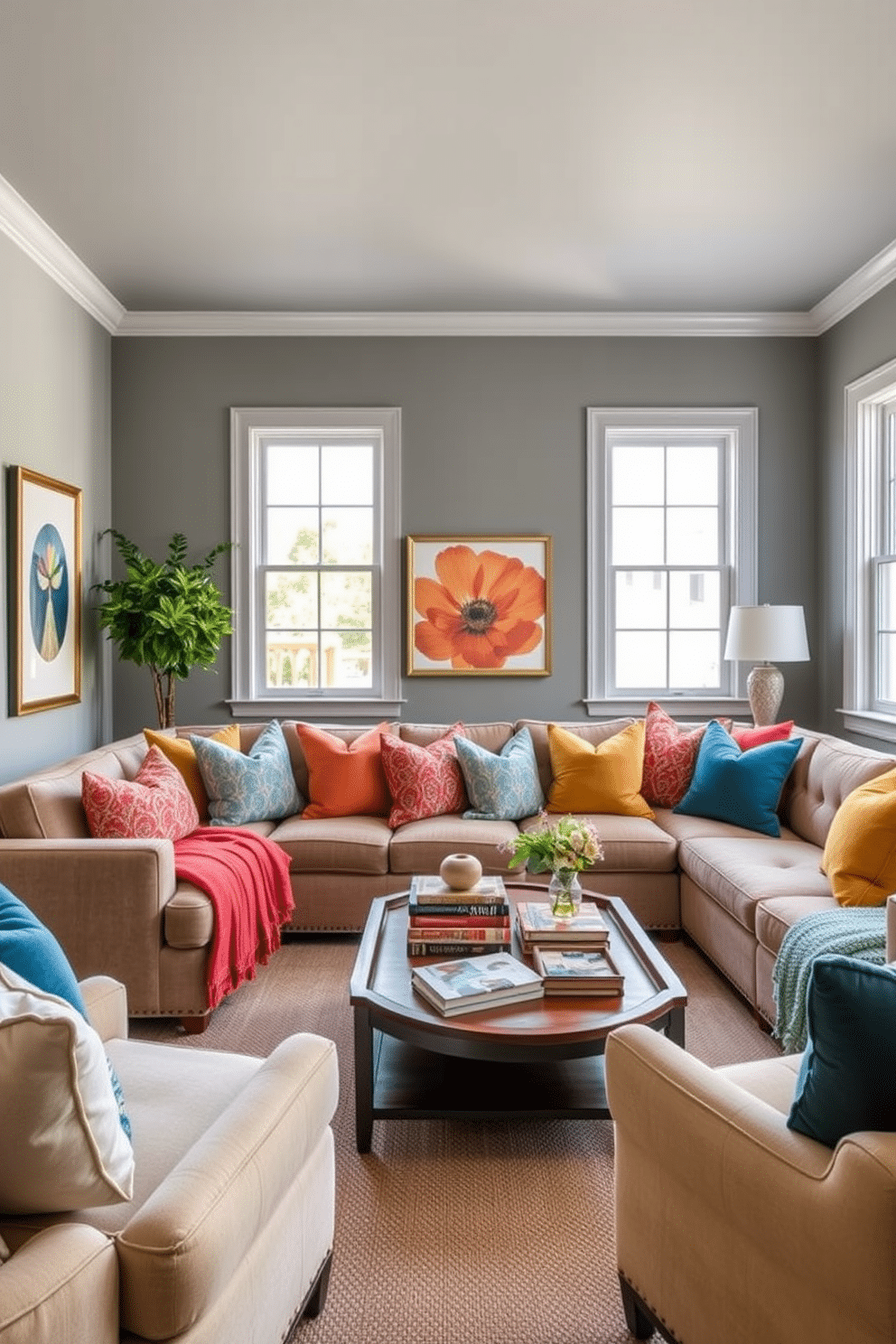 A cozy family room featuring gray walls that create a serene backdrop. The space is accented with an array of colorful throw pillows on a plush sectional sofa, inviting comfort and warmth. A stylish coffee table sits in the center, adorned with a stack of books and a decorative tray. Large windows allow natural light to flood the room, enhancing the vibrant hues of the decor.