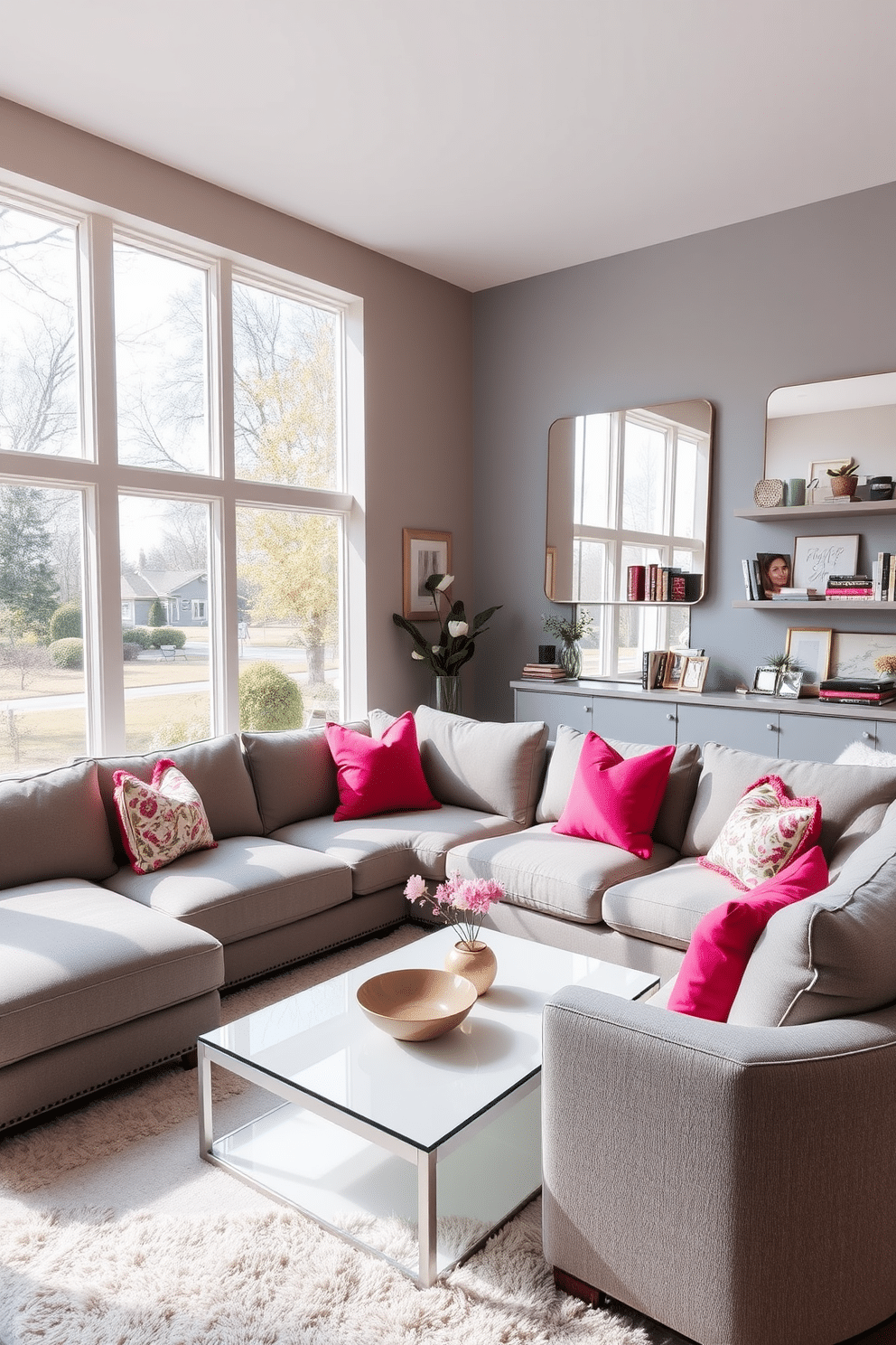 A bright and airy gray family room features large windows that allow natural light to flood the space. Strategically placed mirrors reflect light and create the illusion of a larger area, enhancing the room's openness. The design incorporates a plush gray sectional sofa paired with vibrant accent pillows for a pop of color. A sleek coffee table sits atop a soft area rug, while wall-mounted shelves display curated decor and books, adding personality to the room.