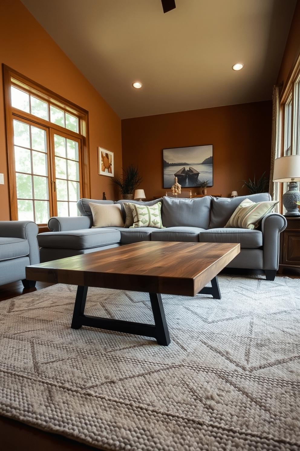 A cozy family room featuring a rustic wood coffee table positioned in front of a plush gray sofa. The walls are adorned with warm earth tones, and a large window allows natural light to fill the space, highlighting the textured area rug underneath.