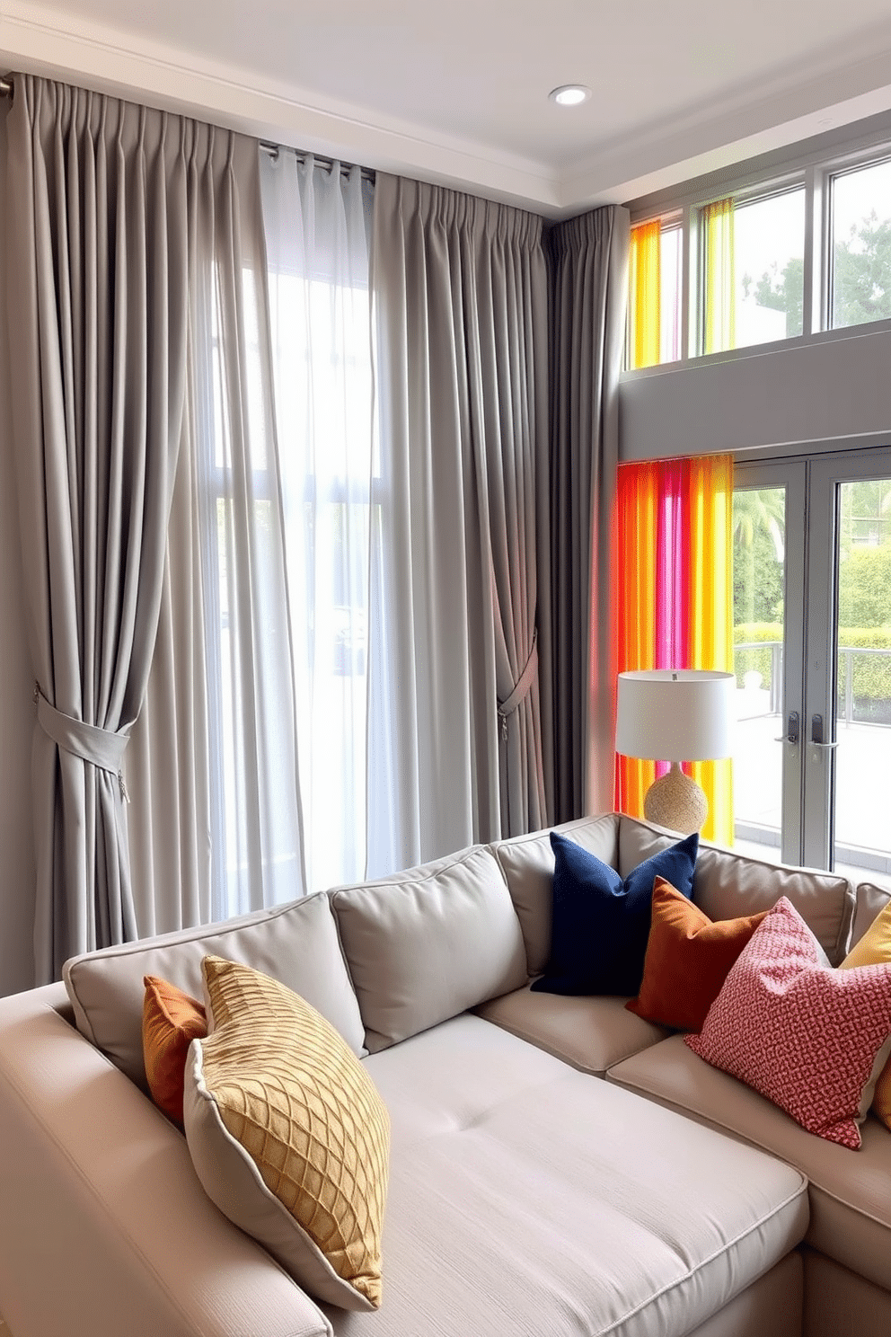 A modern family room featuring gray curtains elegantly draped alongside vibrant, colorful drapes that add a pop of personality. The space is anchored by a plush sectional sofa in a neutral tone, complemented by an array of colorful throw pillows that echo the hues of the drapes.