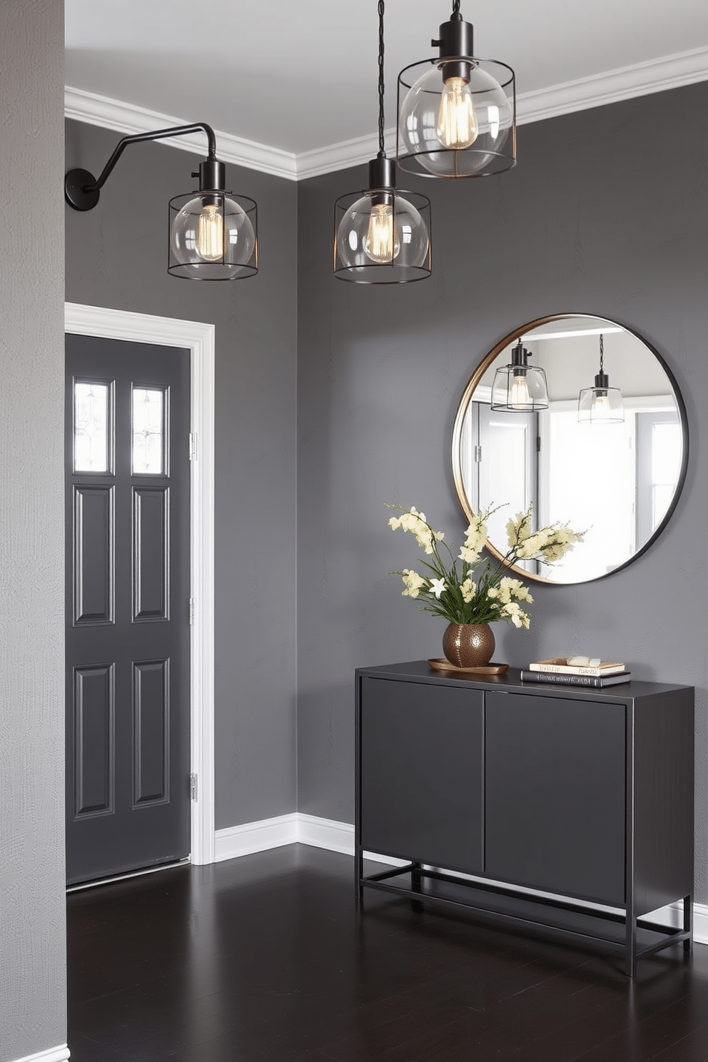 A stylish gray foyer featuring industrial lighting fixtures that add character and charm. The walls are adorned with textured gray paint, and a sleek console table sits against one side, complemented by a large round mirror above it.