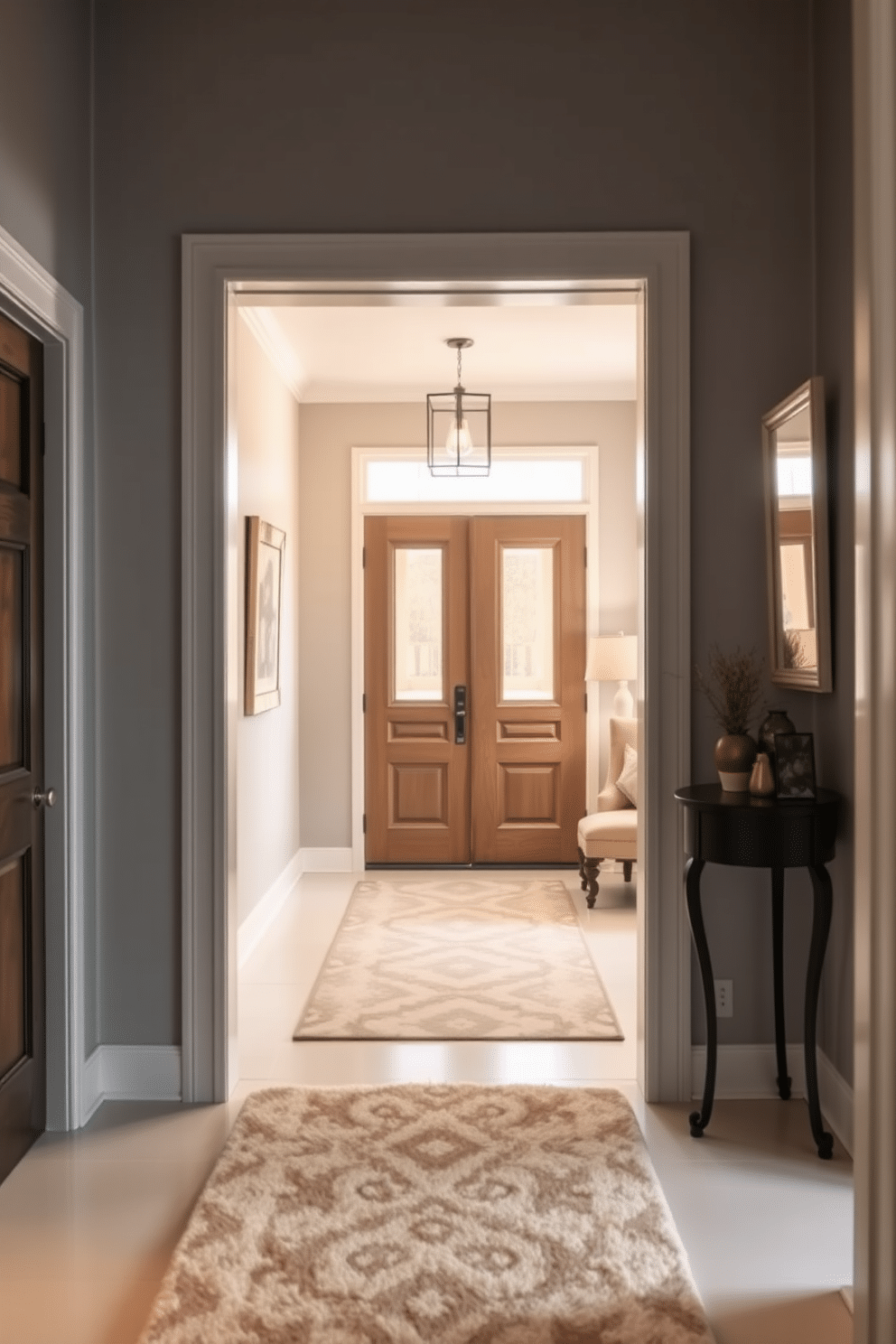 A serene foyer featuring soft gray walls that create a calming atmosphere, complemented by warm, ambient lighting that highlights the space. Elegant artwork adorns the walls, and a plush area rug in neutral tones invites guests into the home.