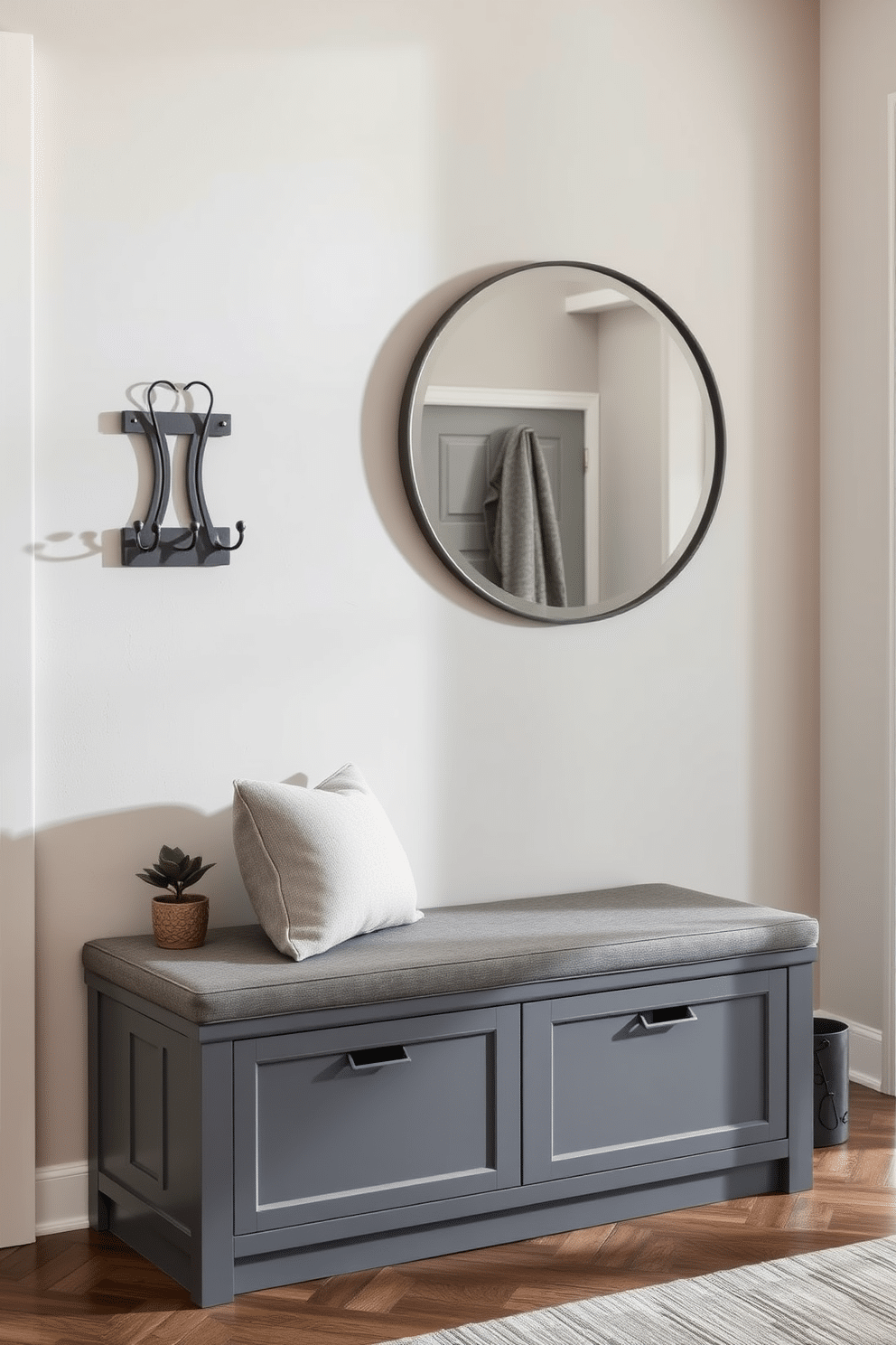 A stylish gray bench with storage options is positioned against a wall in the foyer, featuring a sleek design with plush cushioning and a textured fabric. Above the bench, an elegant wall-mounted coat rack complements the gray tones, while a large round mirror reflects natural light, enhancing the space. The foyer is adorned with soft, ambient lighting that highlights the bench and creates a warm atmosphere. A small potted plant sits beside the bench, adding a touch of greenery and inviting a sense of tranquility to the entryway.