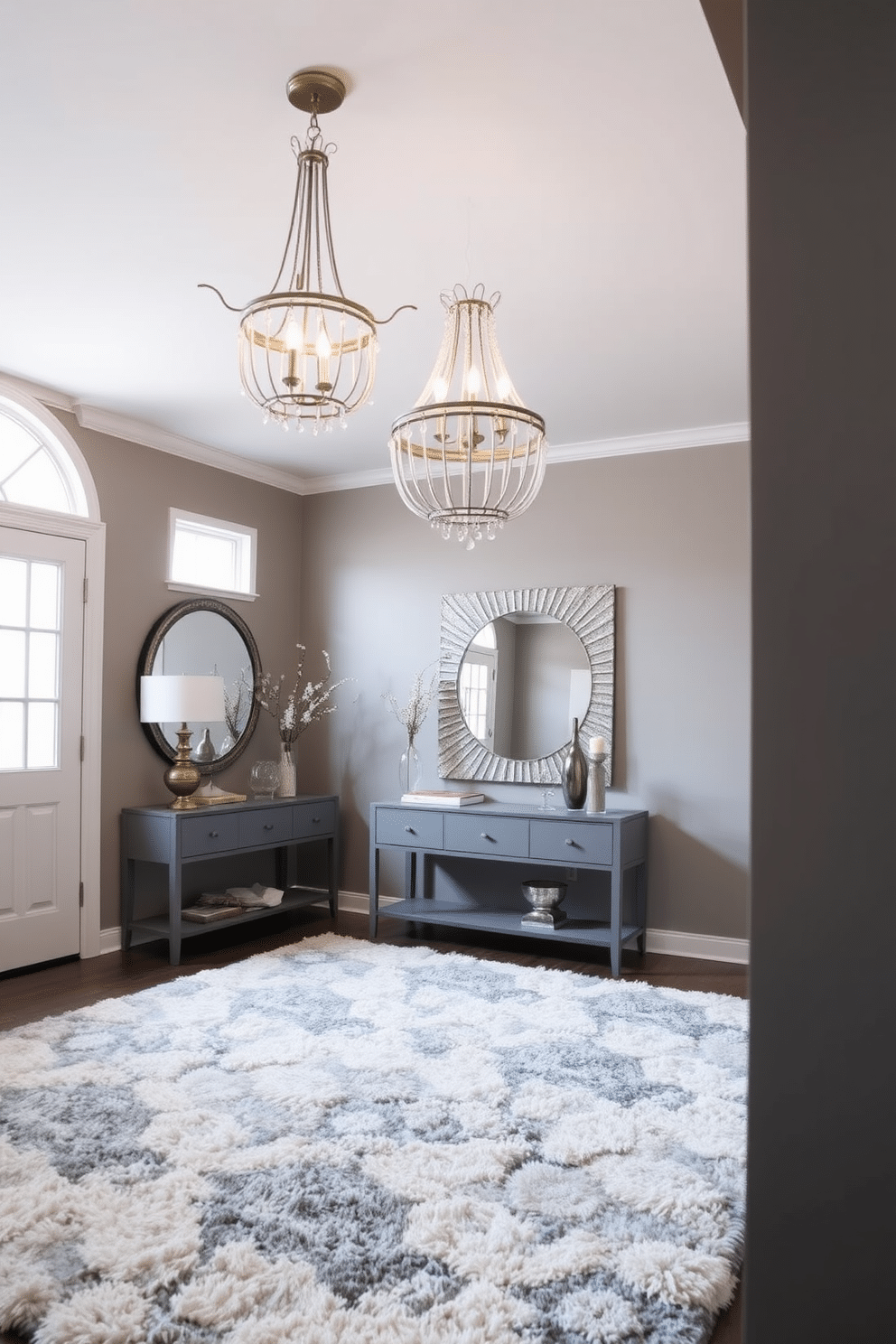 An elegant gray chandelier hangs majestically from the ceiling, casting a warm glow across the foyer. The space features a sleek gray console table adorned with decorative accents, while a large mirror reflects the chandelier's beauty. The walls are painted in a soft gray hue, creating a cohesive and sophisticated backdrop. A plush area rug in shades of gray and cream anchors the space, adding texture and warmth to the foyer design.