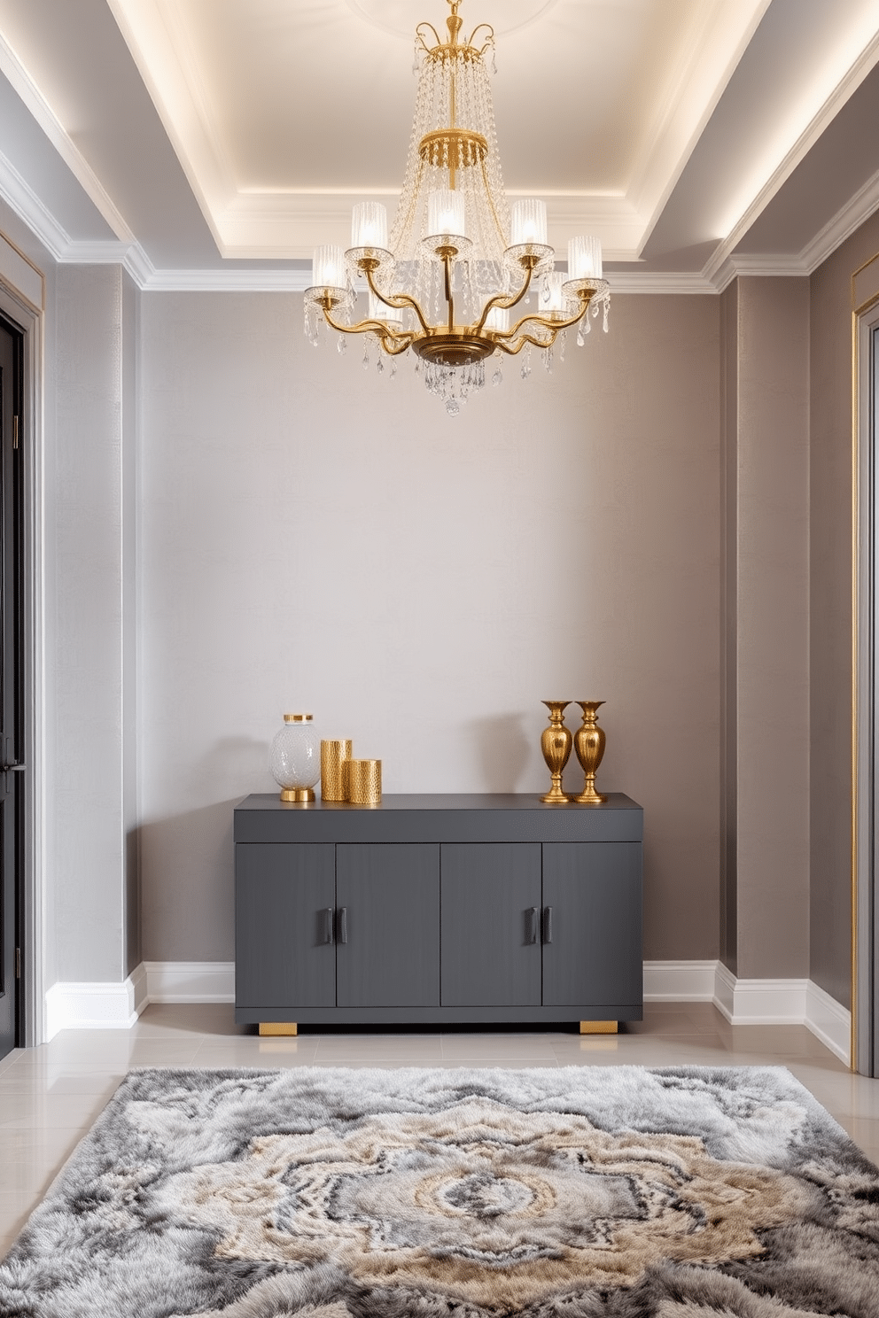 A luxurious foyer featuring a stunning gray and gold color scheme. The walls are clad in a soft gray wallpaper with subtle metallic accents, while a grand chandelier with gold detailing hangs from the ceiling. A sleek console table in a rich gray finish is positioned against the wall, topped with decorative items in gold and glass. The floor is adorned with a plush area rug that incorporates both gray and gold tones, adding warmth and elegance to the space.