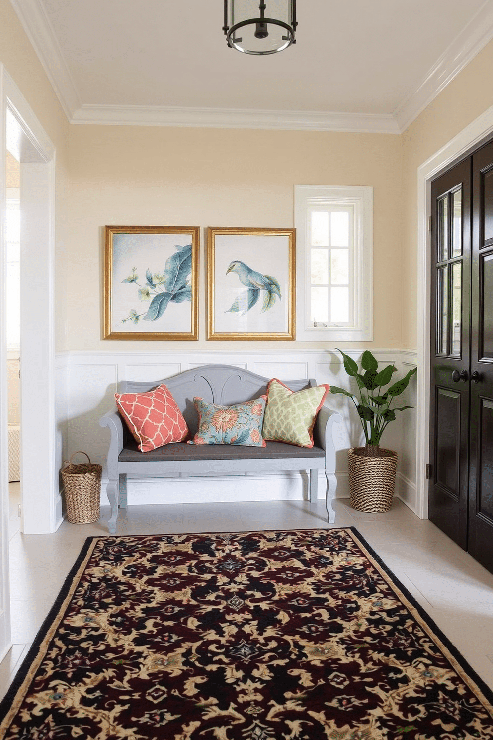 A vintage gray bench adorned with colorful cushions sits elegantly in a spacious foyer. The walls are painted in a soft cream hue, complemented by a striking patterned area rug that adds warmth and texture to the space.