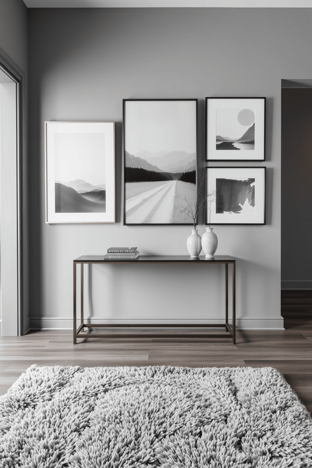 A stunning gray foyer featuring a sleek console table against the wall, adorned with monochromatic gray art pieces that create a cohesive and sophisticated look. The walls are painted in a soft gray tone, while a plush area rug in varying shades of gray adds warmth and texture to the space.