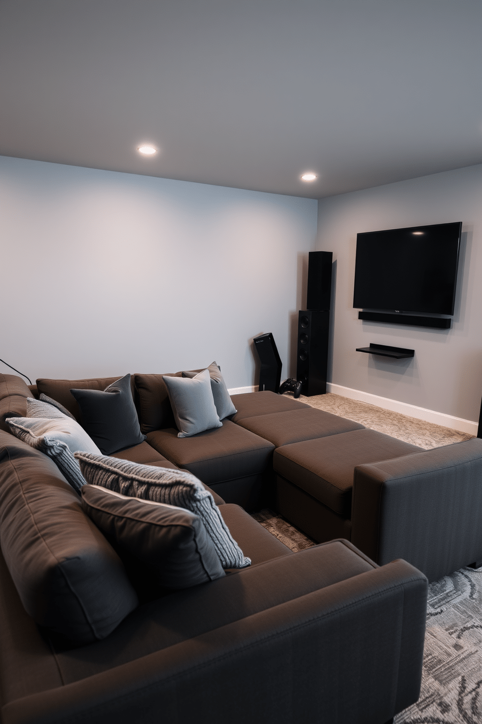 A cozy game room featuring a spacious sectional sofa positioned for optimal comfort, adorned with plush throw pillows in varying shades of gray. The walls are painted in a soft gray hue, and a sleek gaming console setup with a large flat-screen TV is mounted on the opposite wall, creating an inviting atmosphere for gaming sessions.