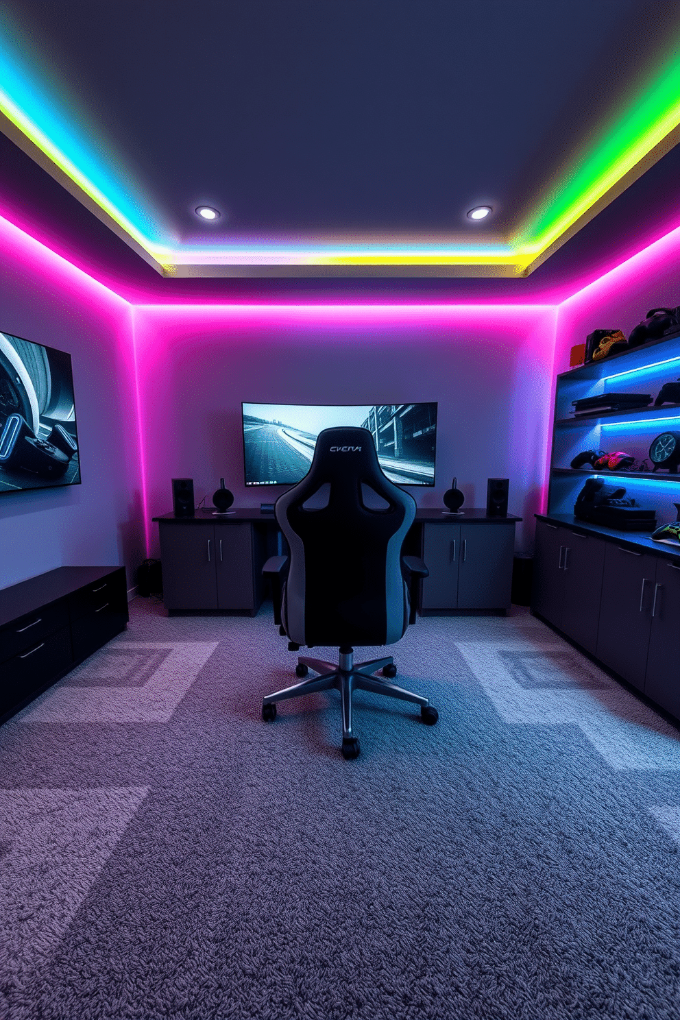 A modern game room featuring a sleek gray color palette, with walls adorned in a soft gray hue. The centerpiece is a high-end ergonomic gaming chair designed for optimal comfort, positioned in front of a large curved monitor setup. The room is accented with ambient LED lighting that changes colors, creating an immersive gaming atmosphere. Plush gray carpeting covers the floor, while stylish shelves display gaming accessories and collectibles.