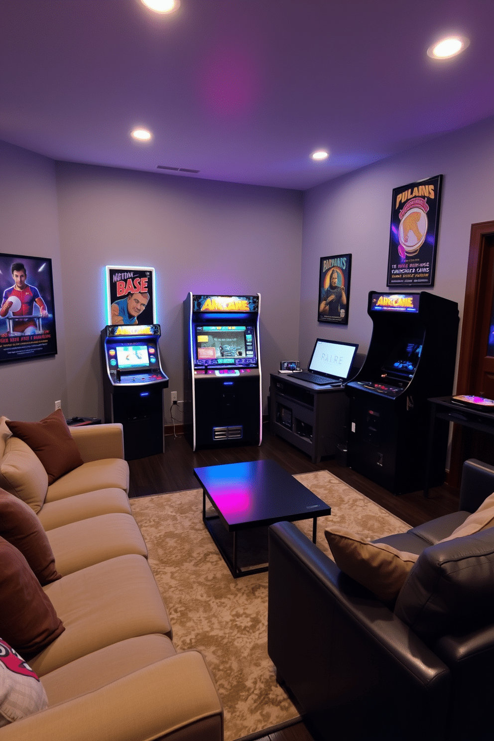 A vintage arcade game stands prominently in a cozy game room, surrounded by retro posters and neon lights that evoke a sense of nostalgia. The walls are painted in a soft gray, complemented by plush seating and a sleek coffee table, creating an inviting atmosphere for friends and family to enjoy. The room features a mix of classic arcade machines and modern gaming consoles, arranged for easy access and play. Dark wood accents and a patterned area rug add warmth, while strategically placed ambient lighting enhances the overall mood.