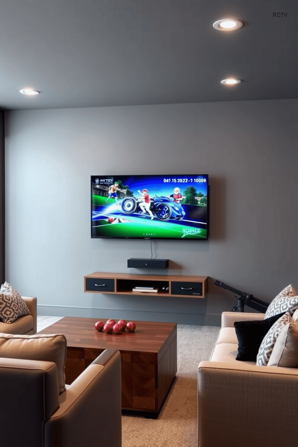 A stylish game room featuring a wall-mounted TV positioned at the perfect height for optimal viewing. The room is designed with a sleek gray color palette, complemented by comfortable seating and modern decor elements.